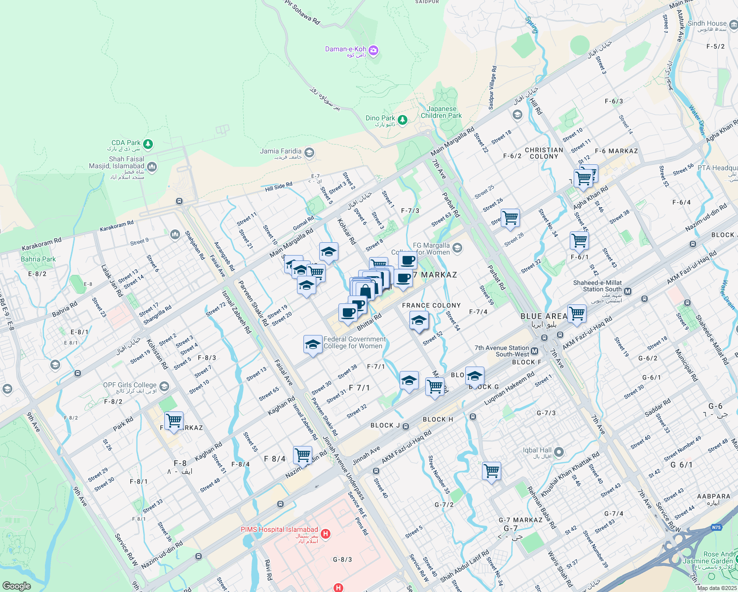 map of restaurants, bars, coffee shops, grocery stores, and more near F7 College Road in Islamabad