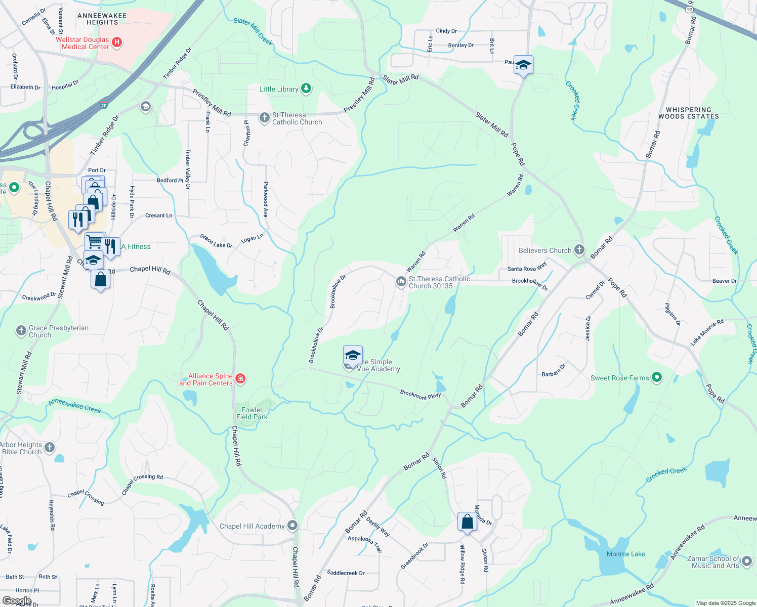 map of restaurants, bars, coffee shops, grocery stores, and more near 9571 Blackwolf Run in Douglasville