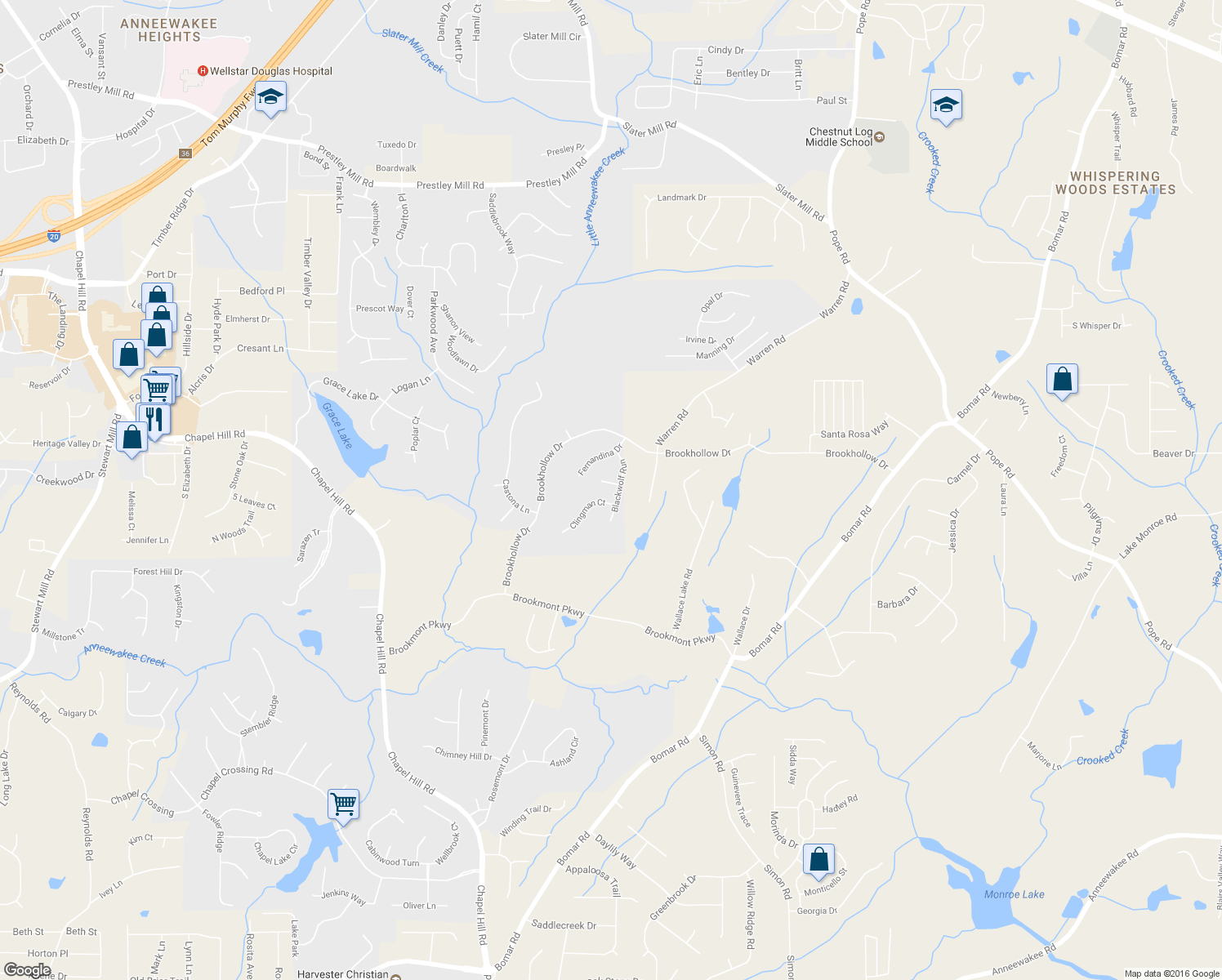 map of restaurants, bars, coffee shops, grocery stores, and more near 5251 Mackenzie Court in Douglasville