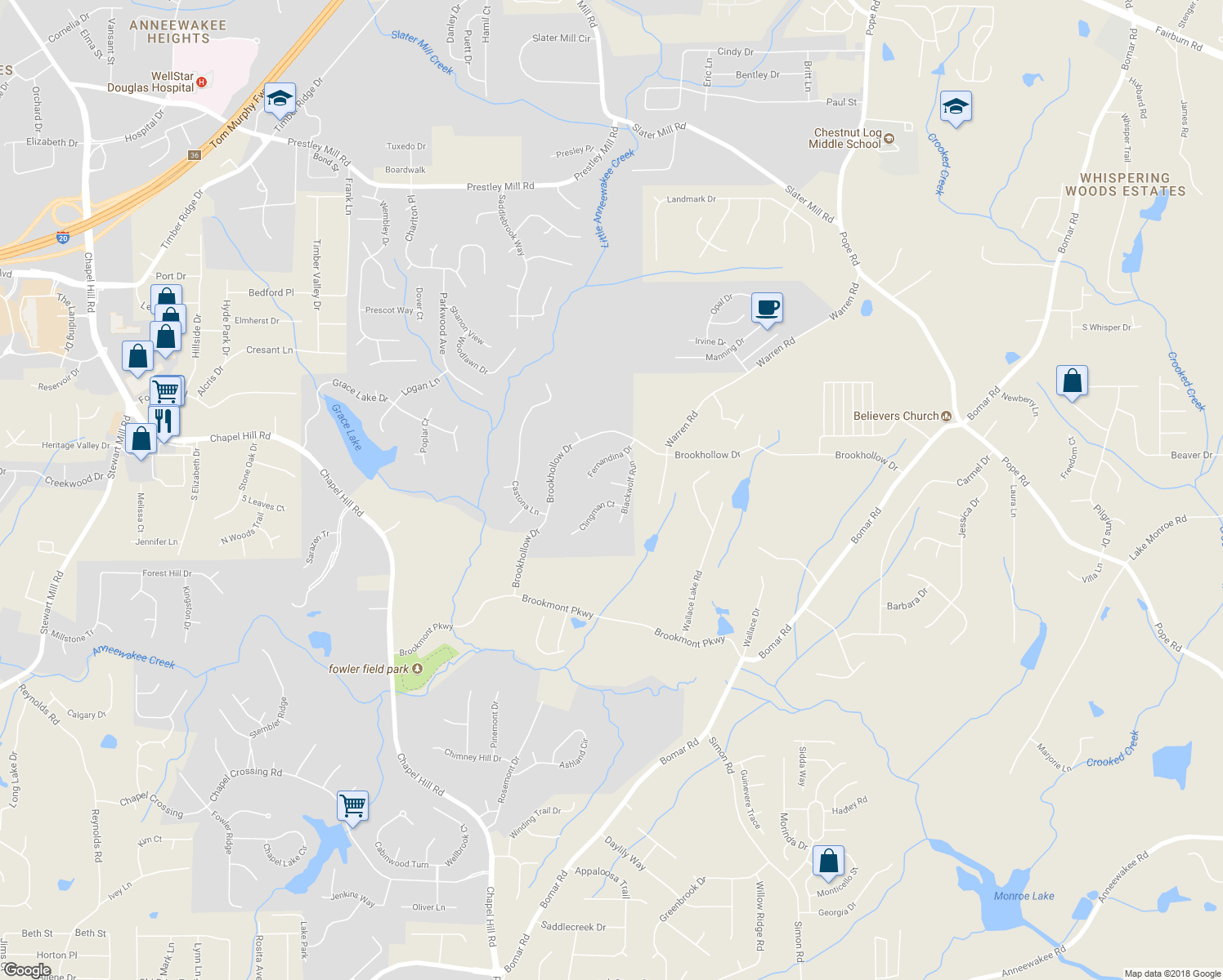 map of restaurants, bars, coffee shops, grocery stores, and more near 5255 Mackenzie Court in Douglasville