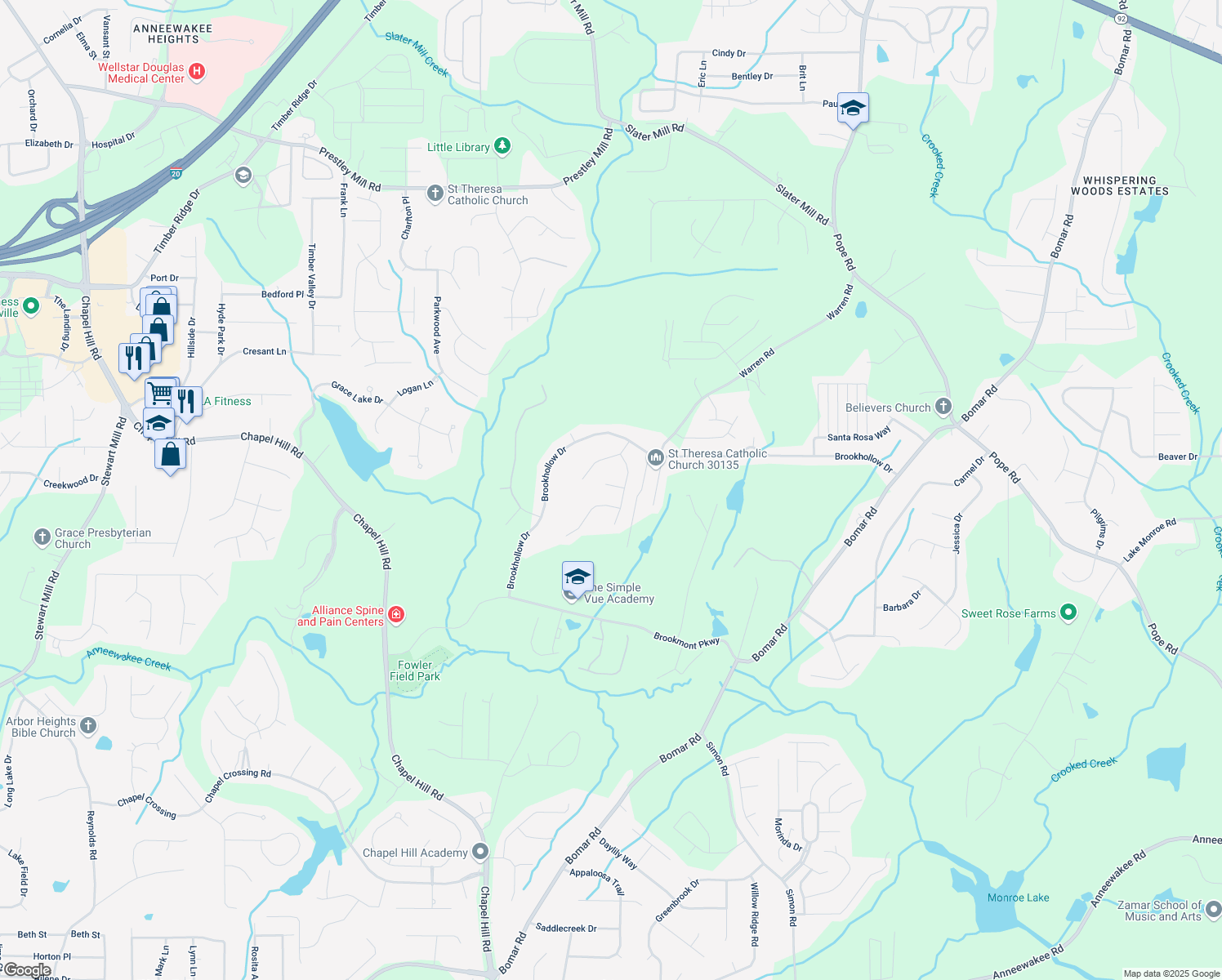 map of restaurants, bars, coffee shops, grocery stores, and more near 5253 Mackenzie Court in Douglasville