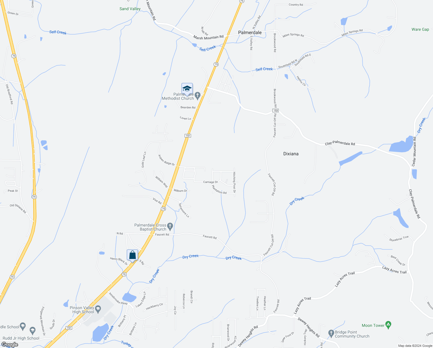 map of restaurants, bars, coffee shops, grocery stores, and more near 5153 Lamplighter Drive in Pinson
