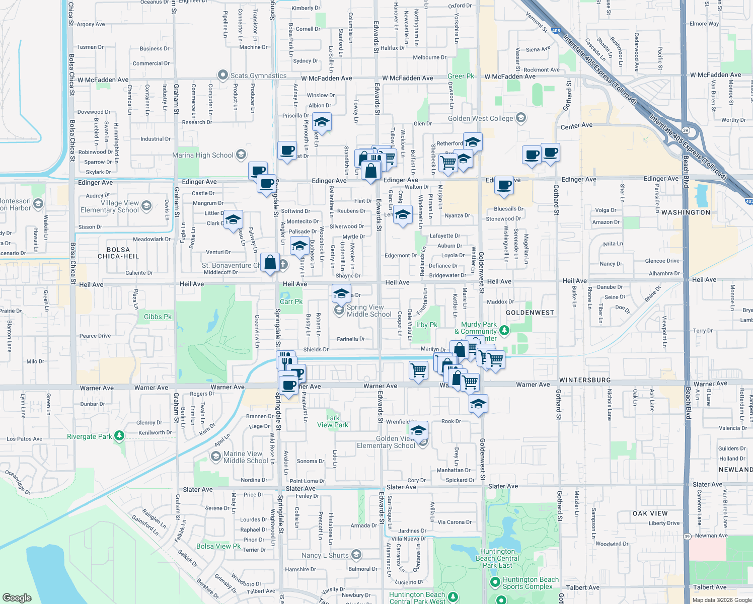 map of restaurants, bars, coffee shops, grocery stores, and more near 6471 Weber Circle in Huntington Beach
