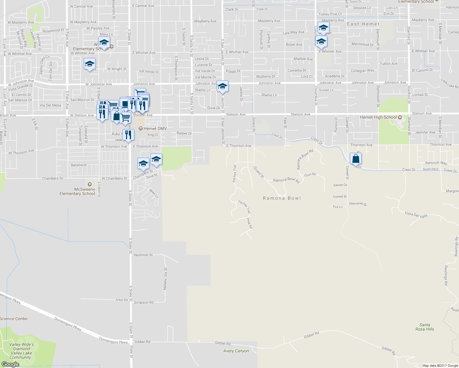 map of restaurants, bars, coffee shops, grocery stores, and more near 27531 Pachea Trail in Hemet
