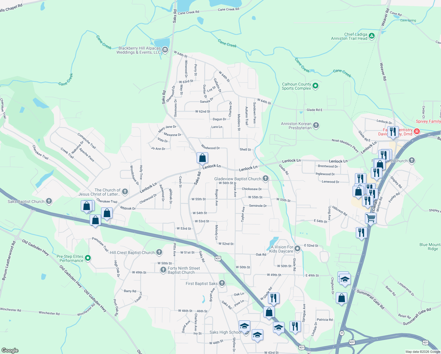 map of restaurants, bars, coffee shops, grocery stores, and more near 5627 Rogers Avenue in Anniston