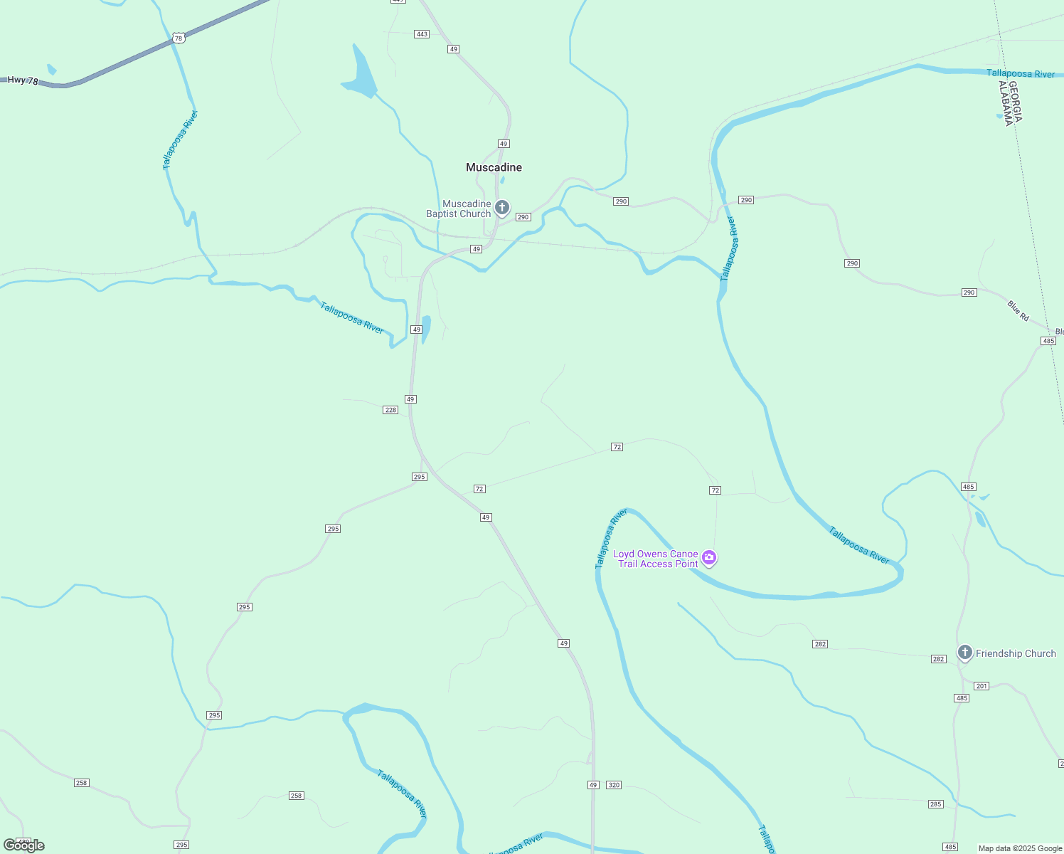 map of restaurants, bars, coffee shops, grocery stores, and more near County Road 72 in Muscadine