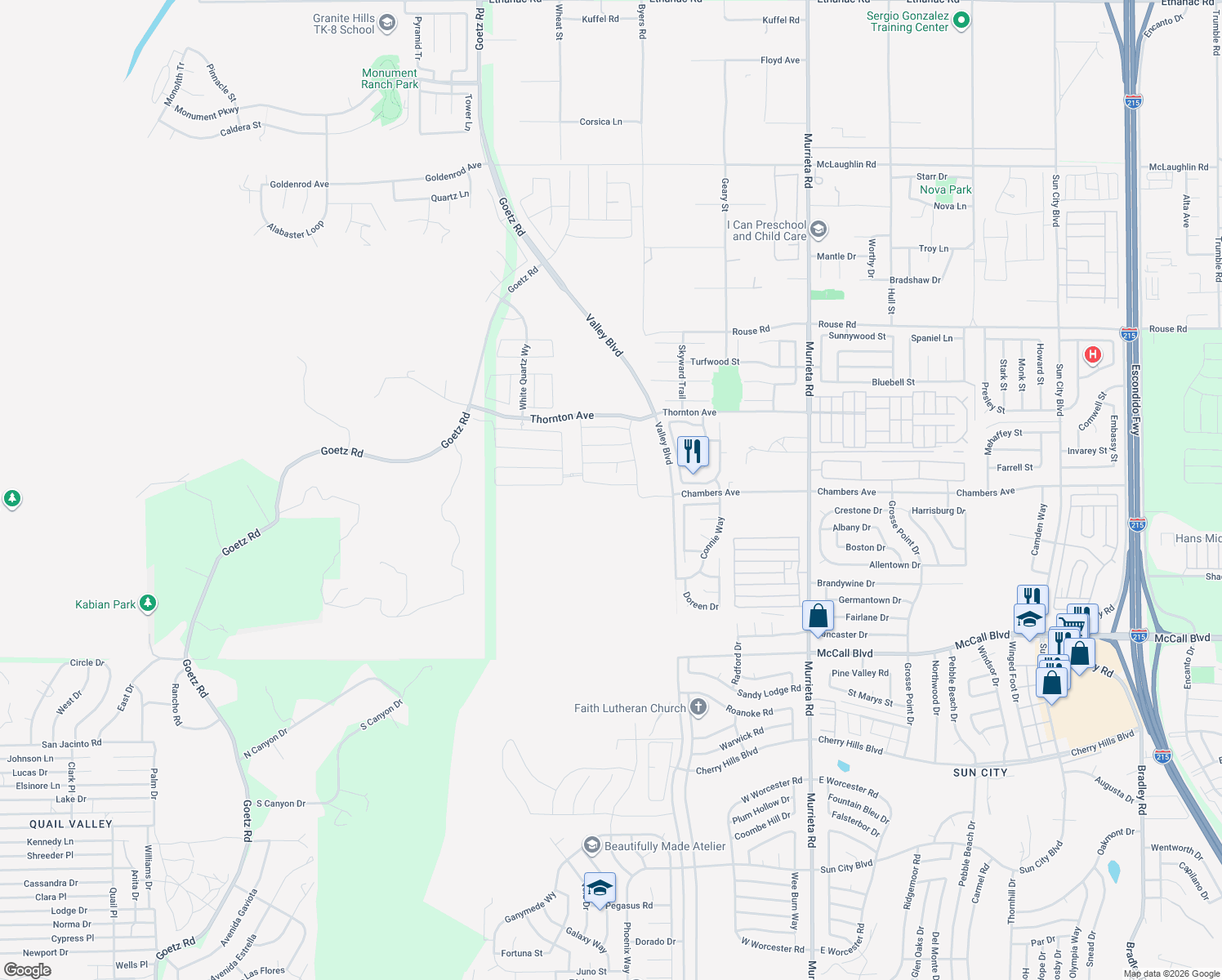 map of restaurants, bars, coffee shops, grocery stores, and more near 27281 Ametrine Street in Menifee