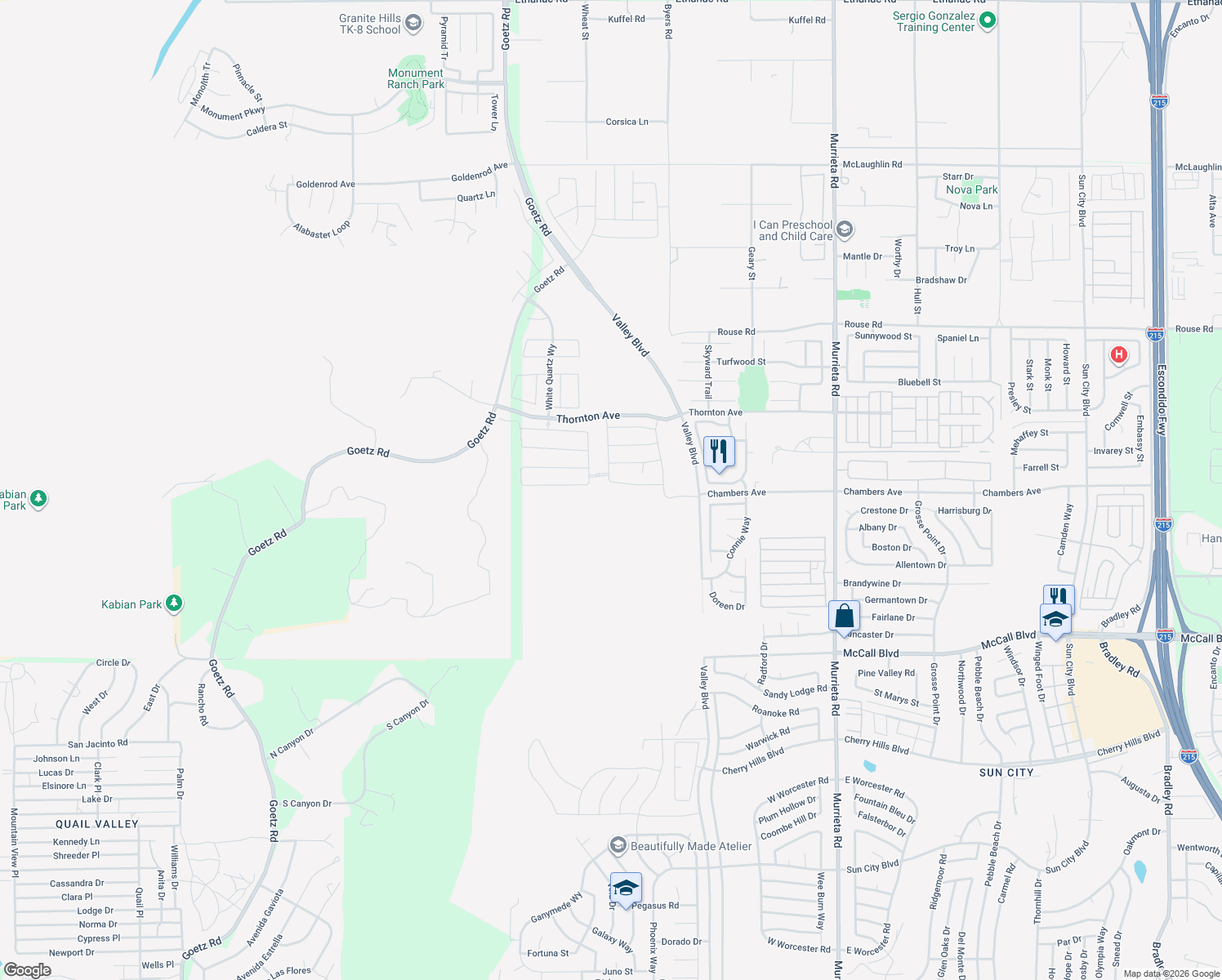 map of restaurants, bars, coffee shops, grocery stores, and more near Chambers Avenue in Menifee