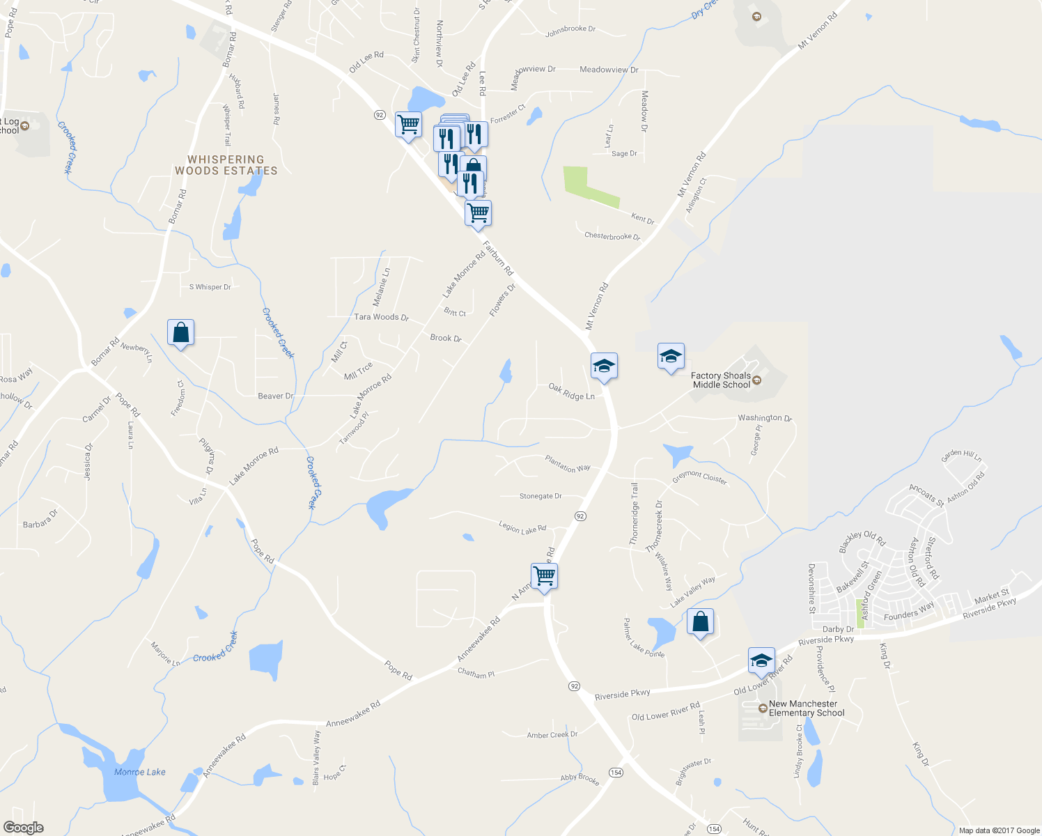 map of restaurants, bars, coffee shops, grocery stores, and more near 2688 Del Ridge Drive in Douglasville