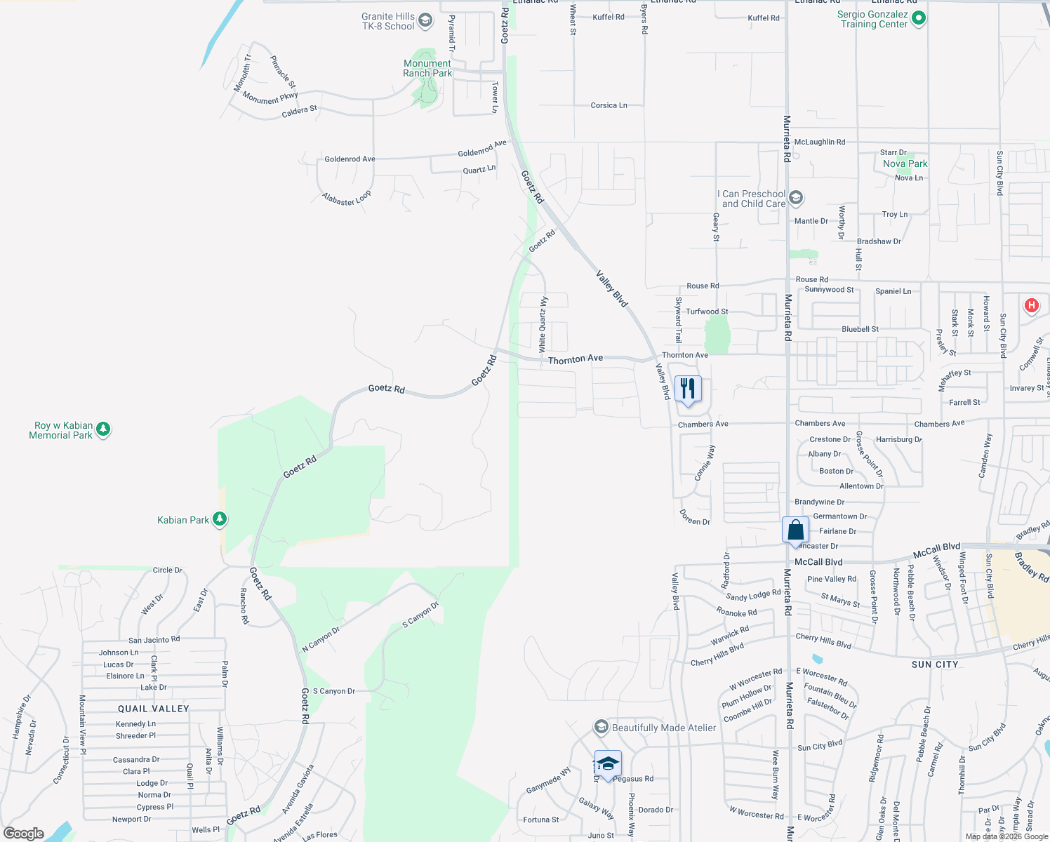 map of restaurants, bars, coffee shops, grocery stores, and more near Chambers Avenue in Menifee