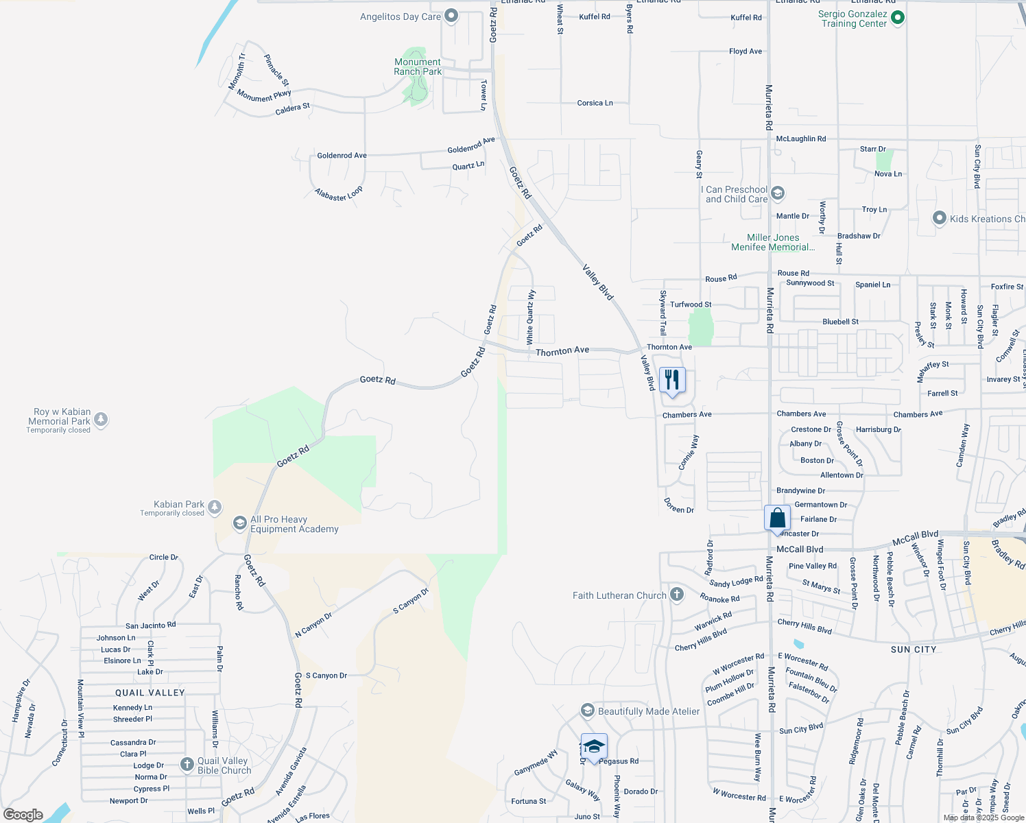 map of restaurants, bars, coffee shops, grocery stores, and more near Chambers Avenue in Menifee