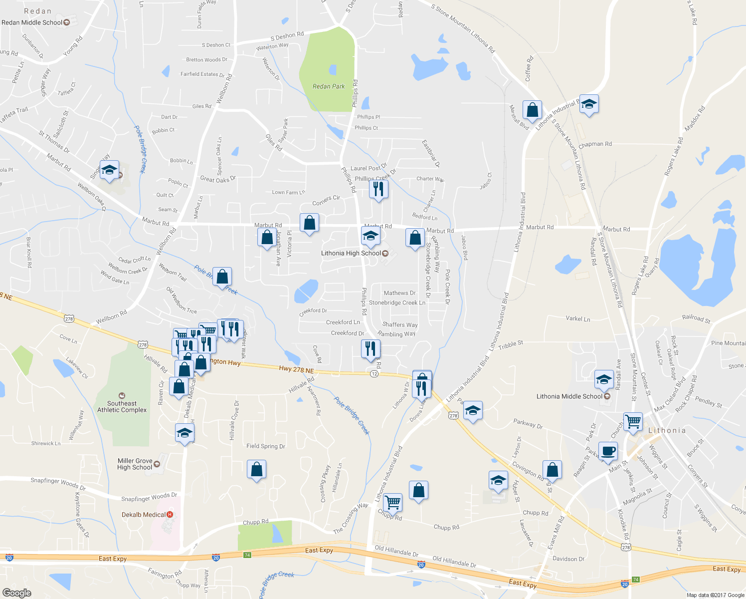 map of restaurants, bars, coffee shops, grocery stores, and more near 6306 Stonebridge Creek Ln in Lithonia