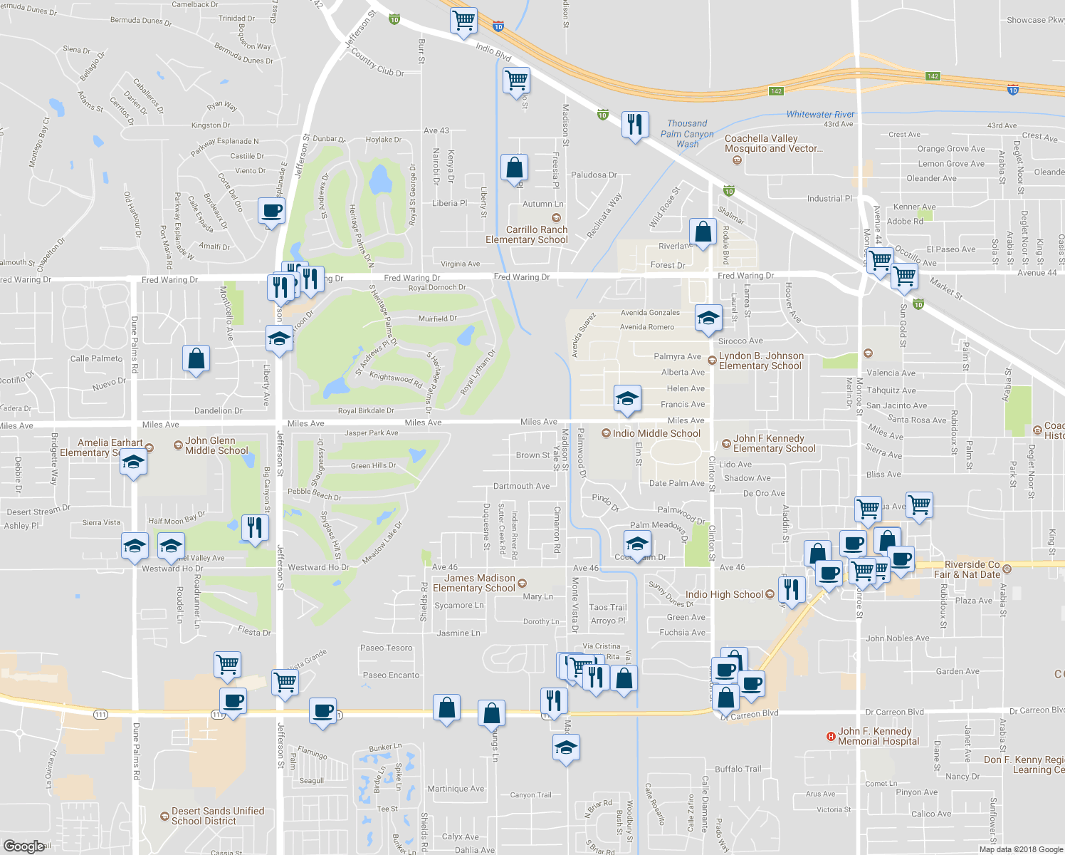 map of restaurants, bars, coffee shops, grocery stores, and more near 80878 Amherst Avenue in Indio