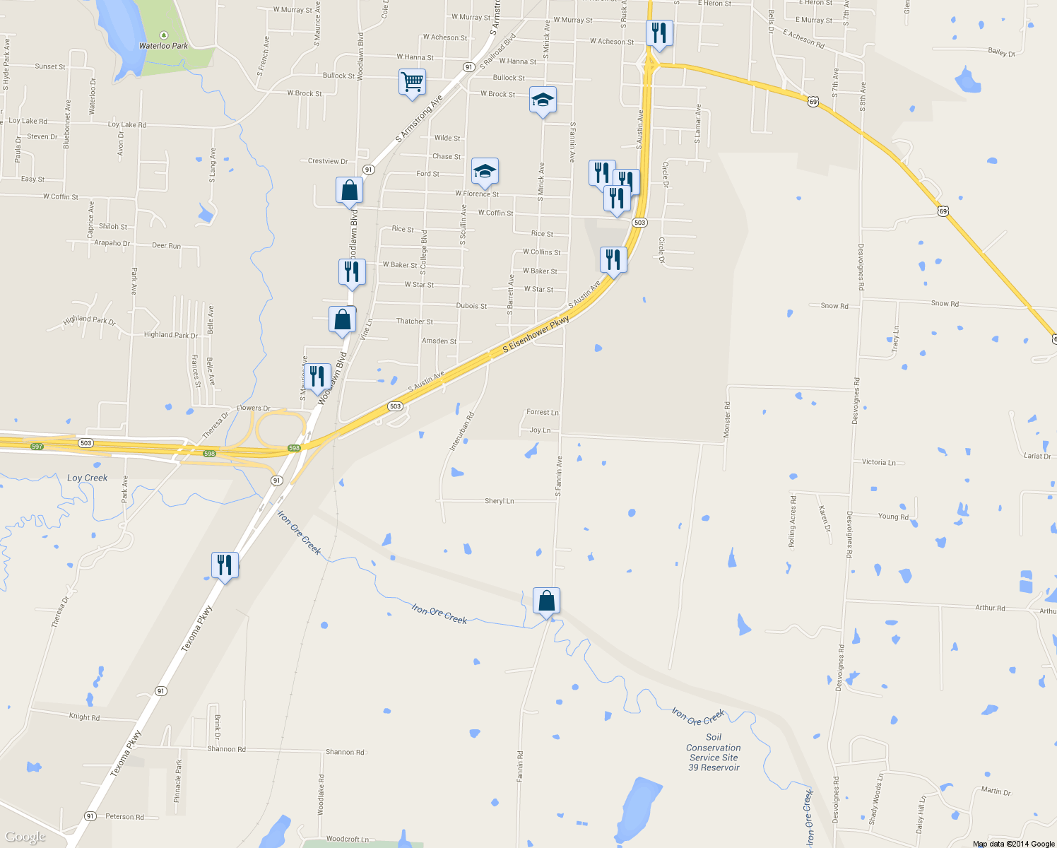 map of restaurants, bars, coffee shops, grocery stores, and more near 3415 Dana Lane in Denison