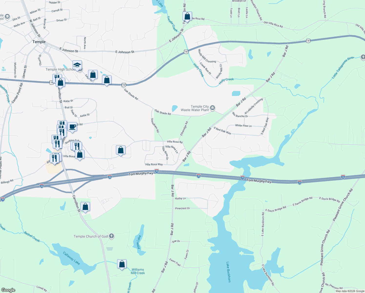 map of restaurants, bars, coffee shops, grocery stores, and more near 589 Villa Rosa Road in Temple