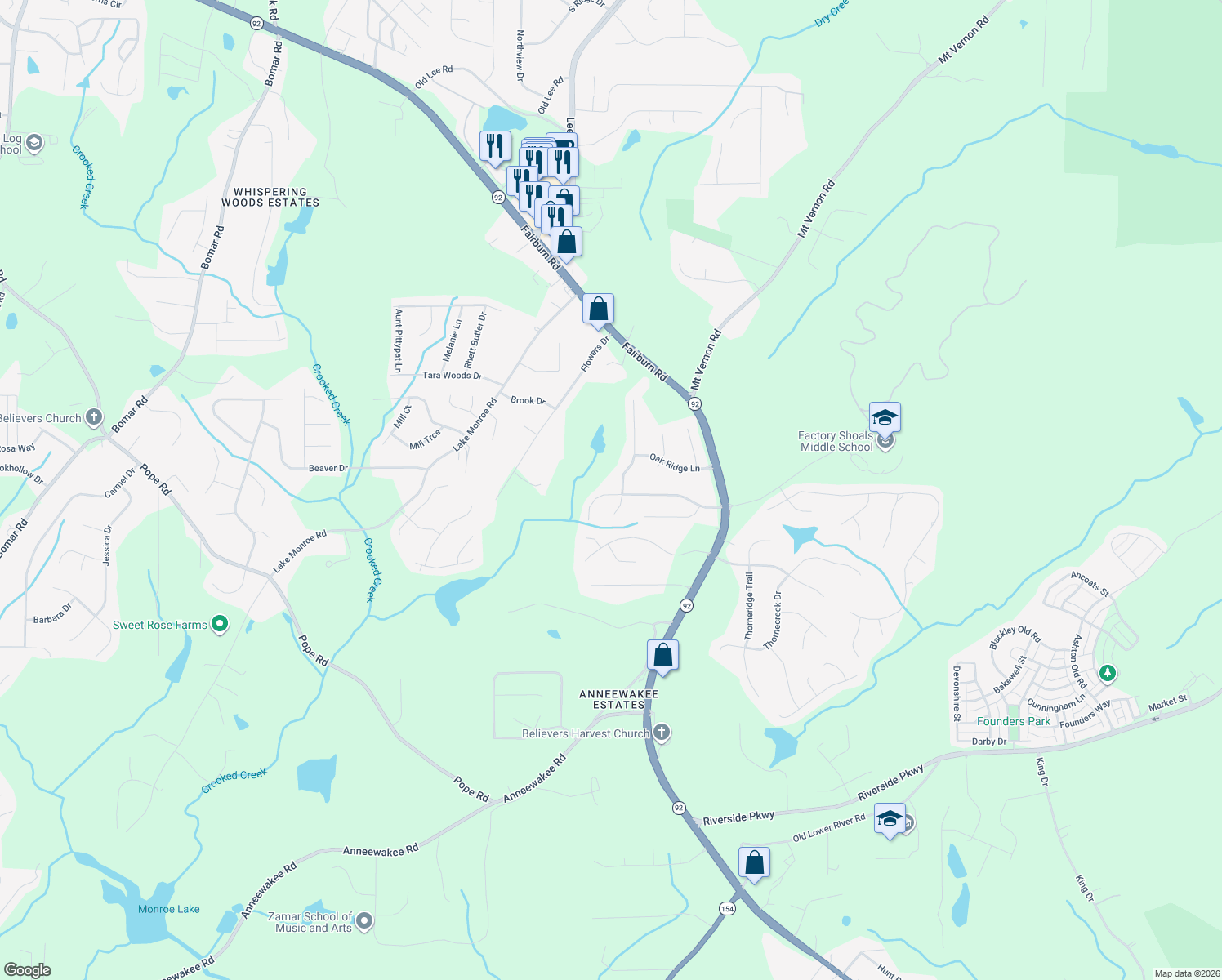 map of restaurants, bars, coffee shops, grocery stores, and more near 2696 Del Ridge Drive in Douglasville