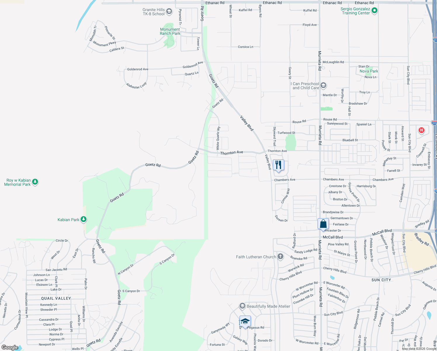 map of restaurants, bars, coffee shops, grocery stores, and more near 25122 River Peak Drive in Menifee