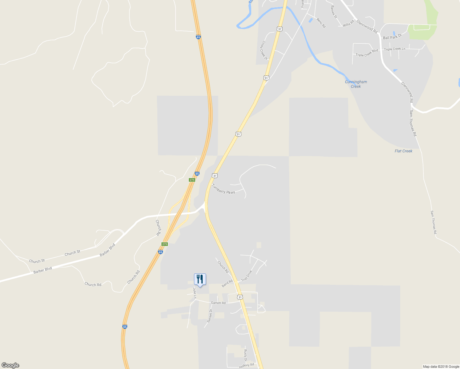 map of restaurants, bars, coffee shops, grocery stores, and more near 260 Turnberry Circle in Gardendale