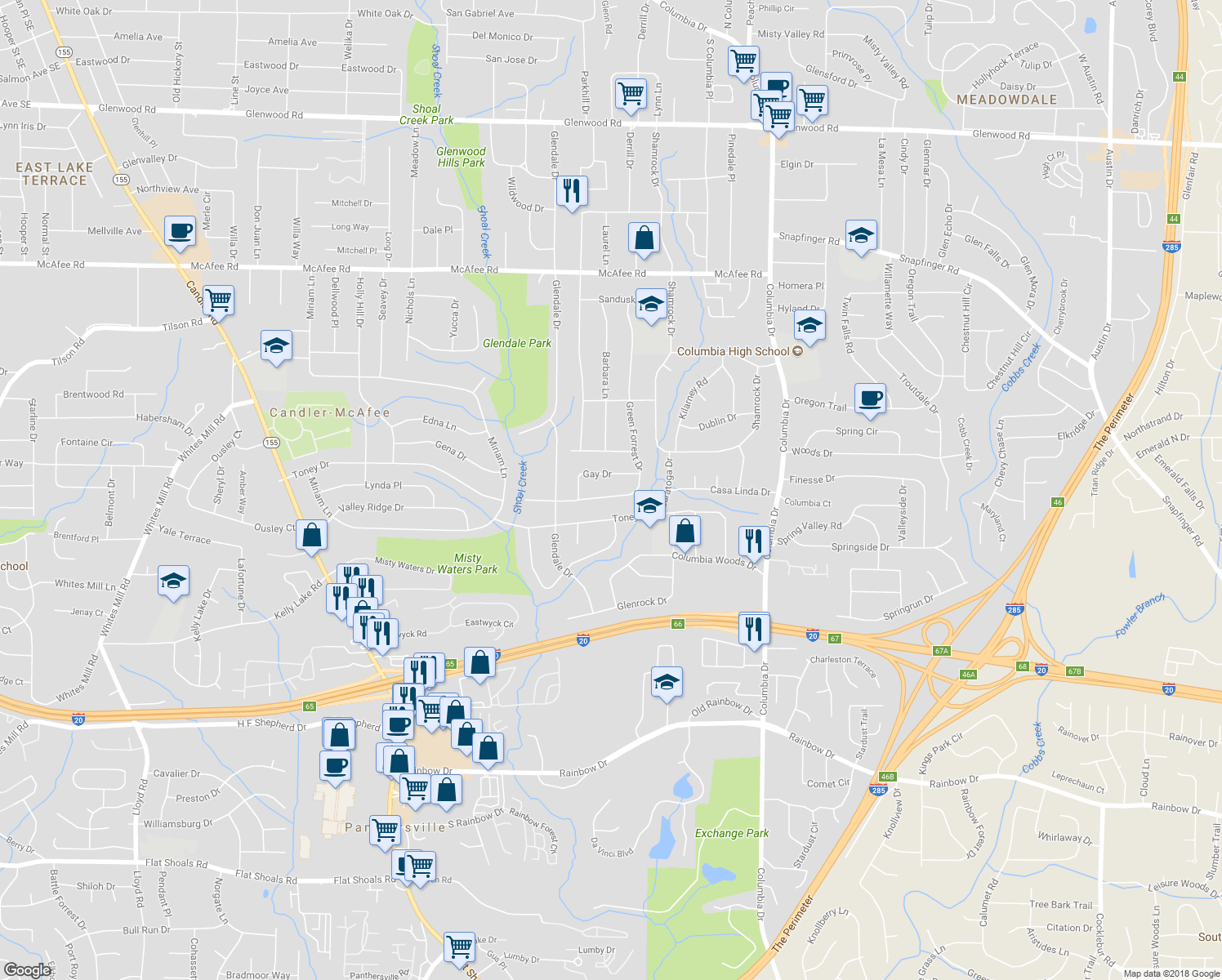 map of restaurants, bars, coffee shops, grocery stores, and more near 2331 Green Forrest Drive in Decatur