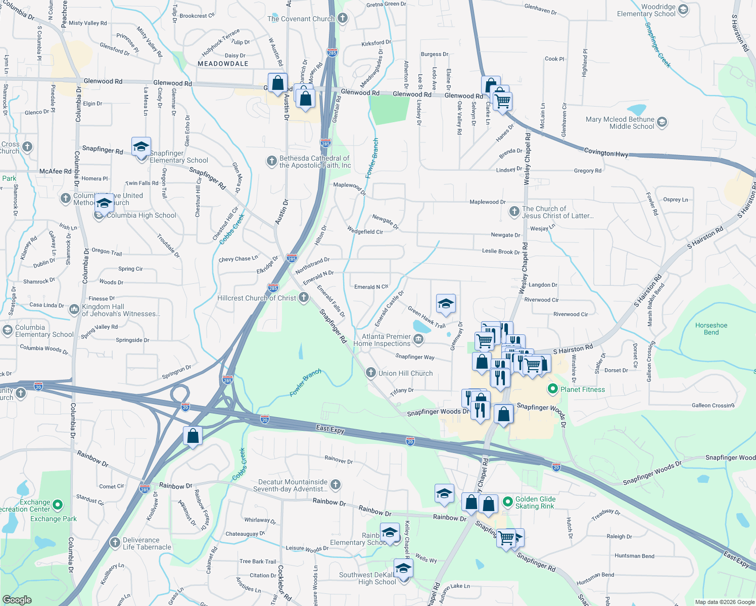 map of restaurants, bars, coffee shops, grocery stores, and more near 2254 Emerald Springs Drive in Decatur