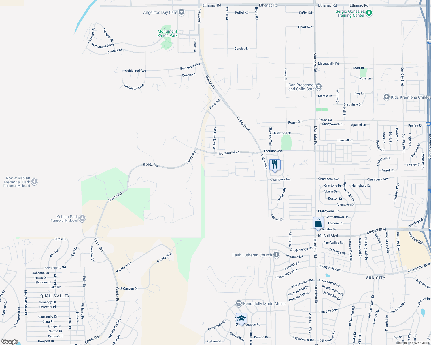 map of restaurants, bars, coffee shops, grocery stores, and more near 25080 River Peak Drive in Menifee
