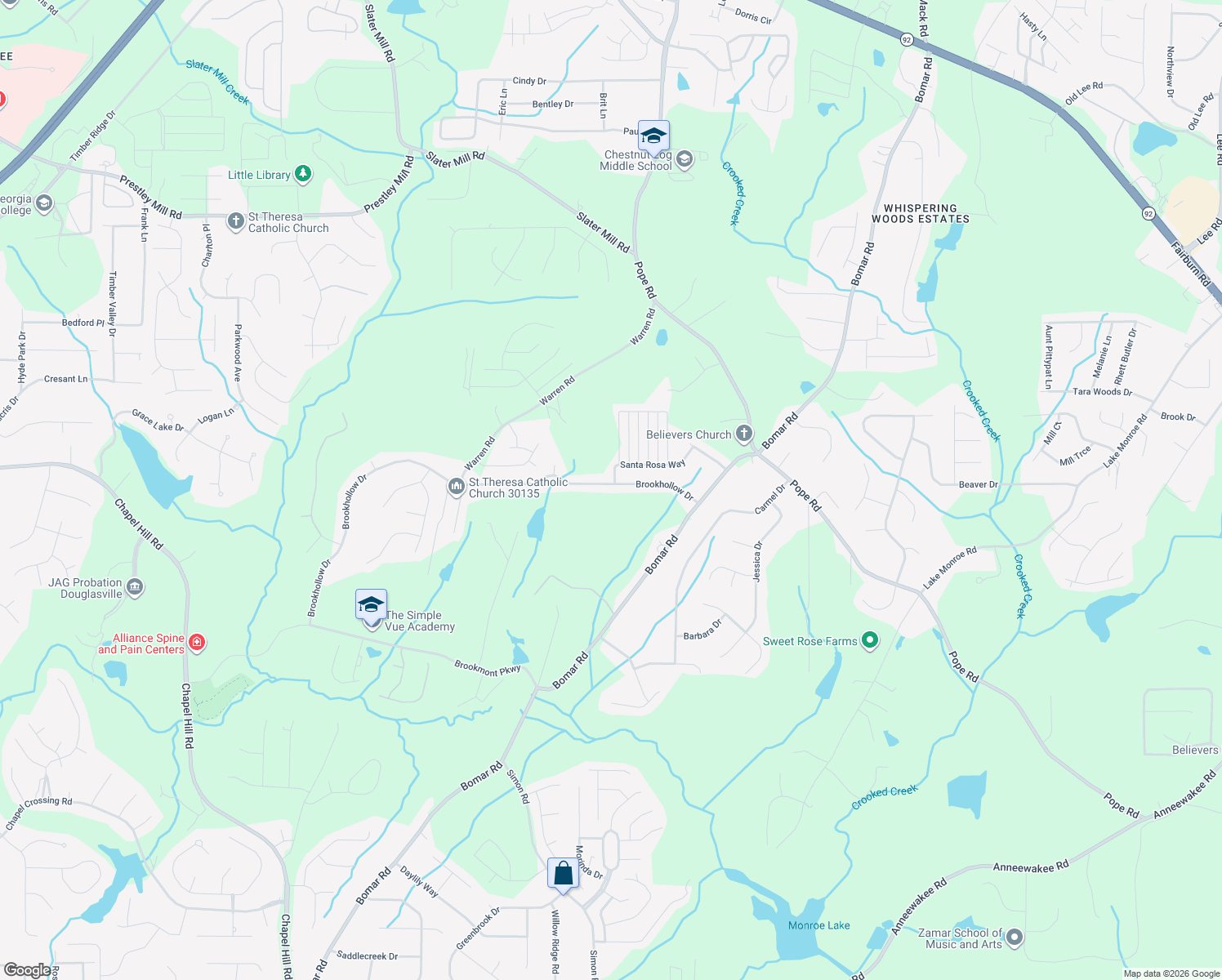 map of restaurants, bars, coffee shops, grocery stores, and more near 3700 Hickory Level Lane in Douglasville