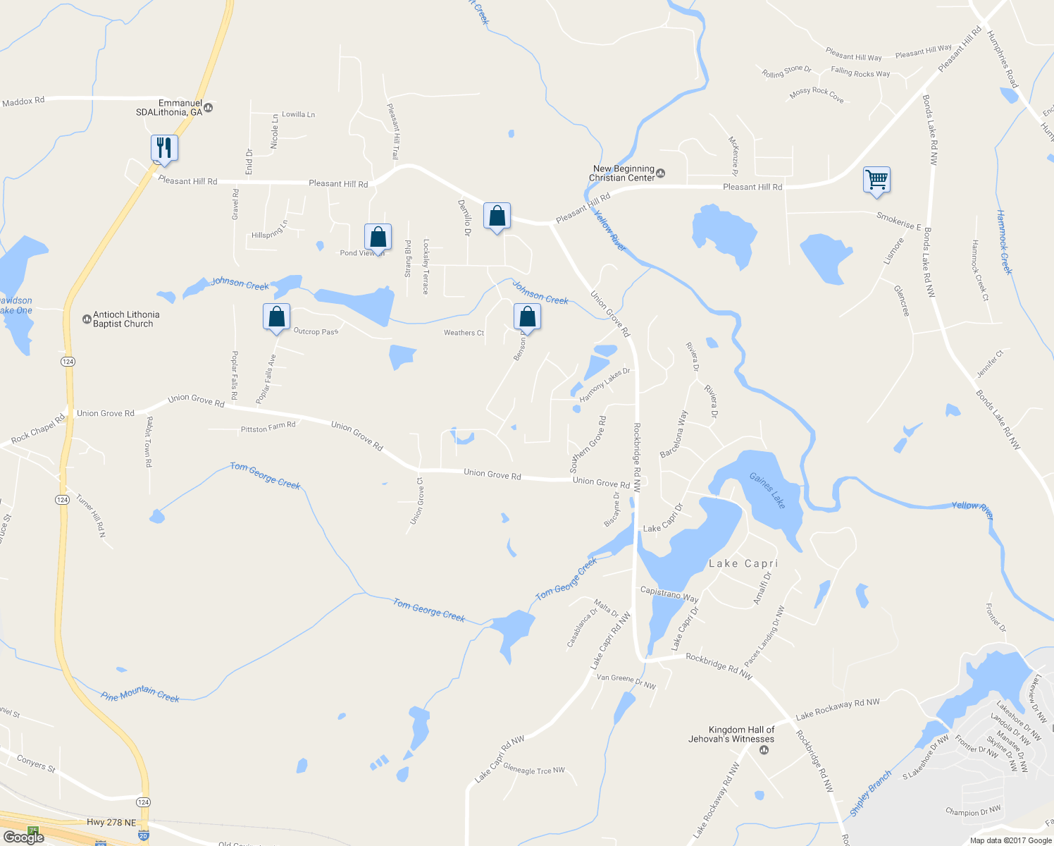 map of restaurants, bars, coffee shops, grocery stores, and more near 2318 Harmony Lakes Circle in Lithonia