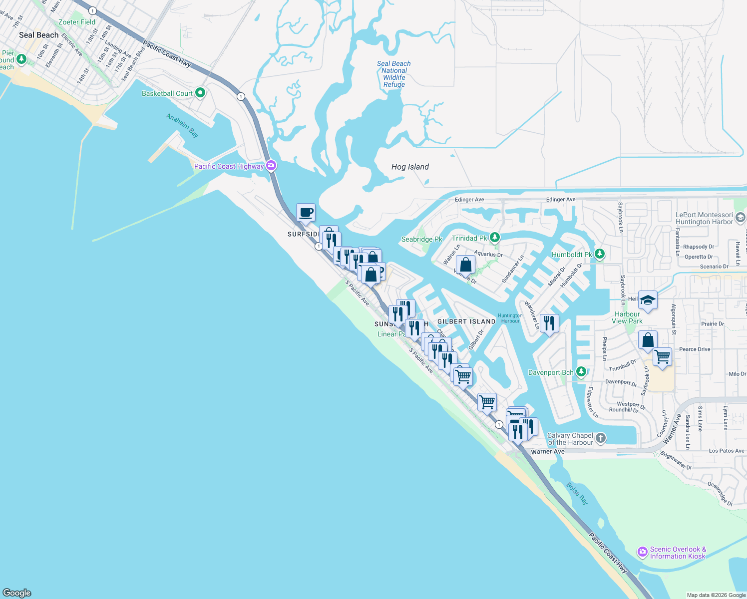 map of restaurants, bars, coffee shops, grocery stores, and more near 16512 23rd St in Huntington Beach