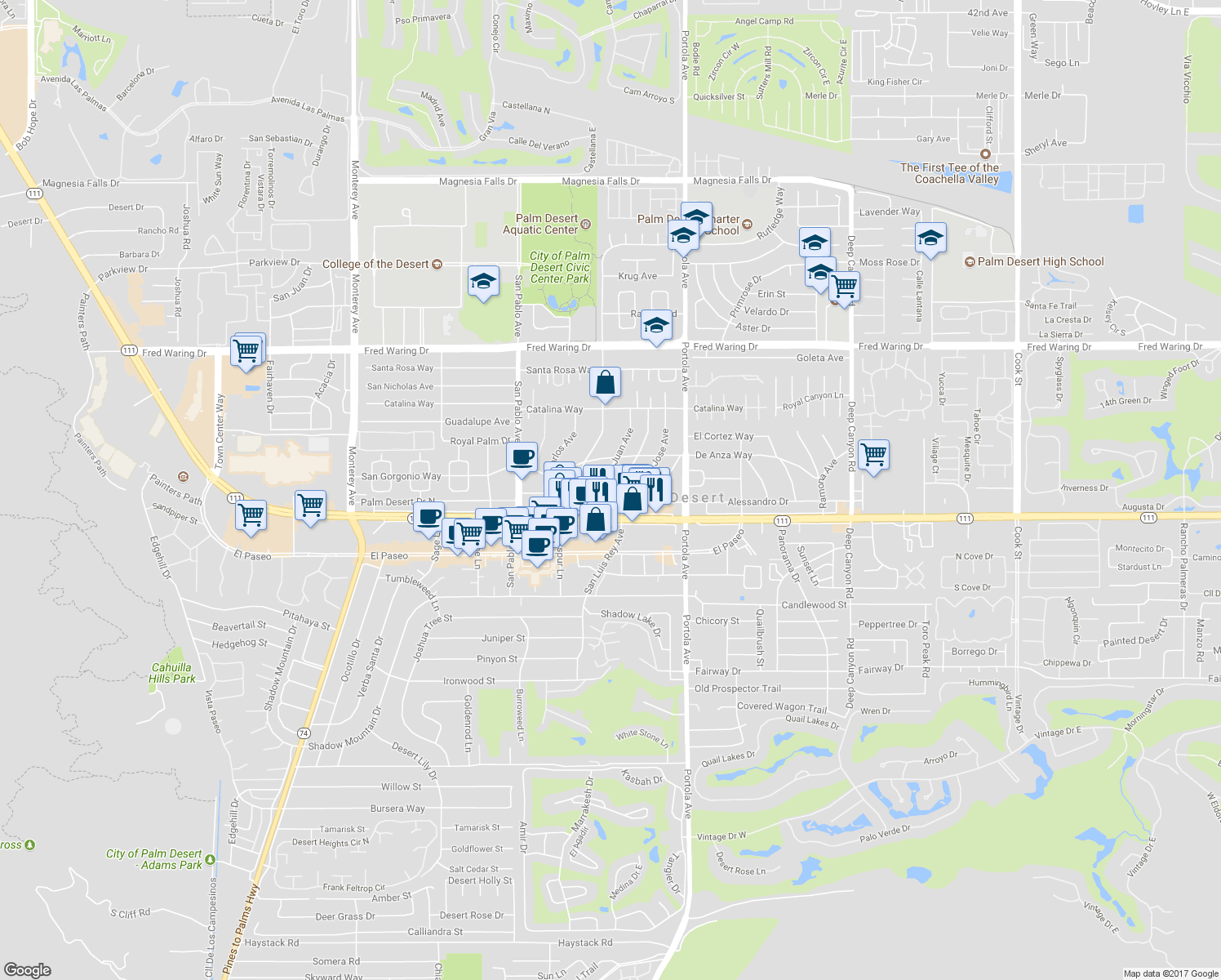 map of restaurants, bars, coffee shops, grocery stores, and more near 44858 San Juan Avenue in Palm Desert