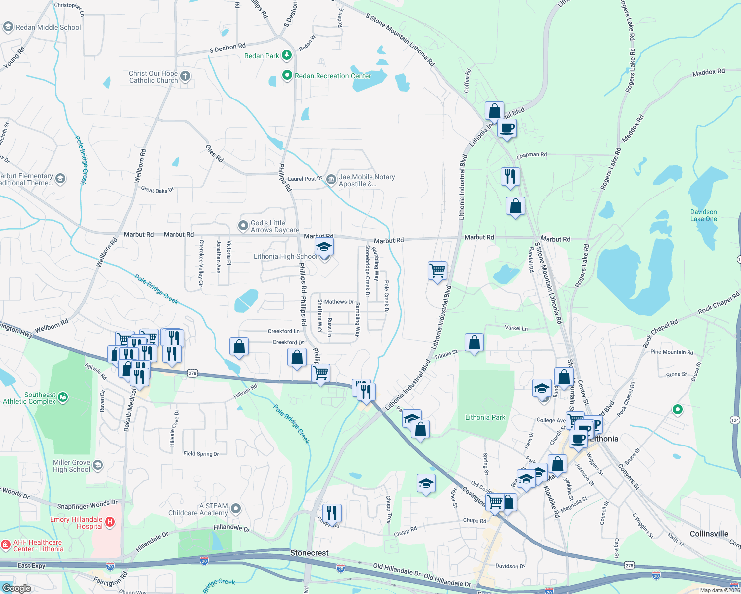 map of restaurants, bars, coffee shops, grocery stores, and more near 3040 Stonebridge Creek Drive in Lithonia