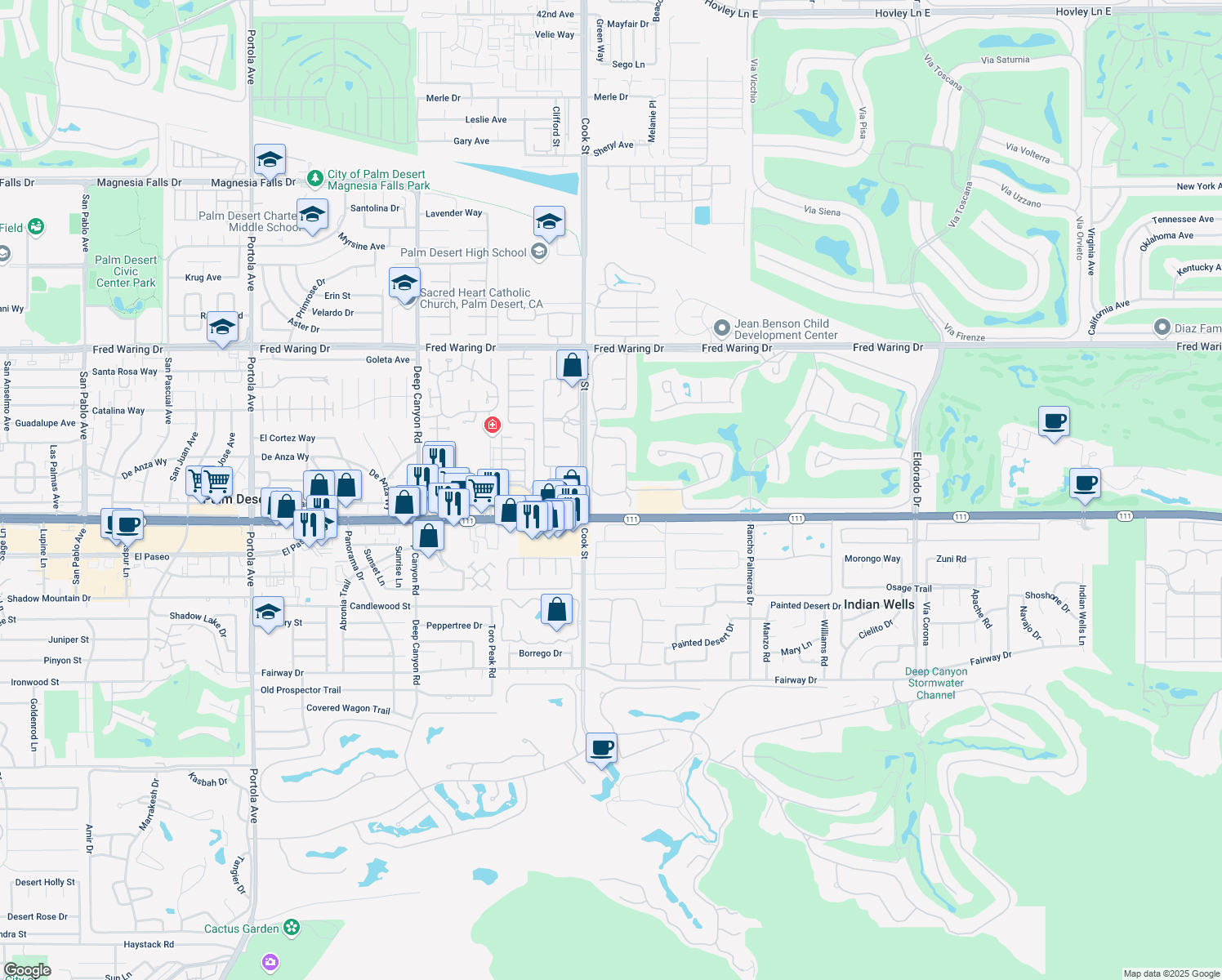 map of restaurants, bars, coffee shops, grocery stores, and more near 44920 Lakeside Dr in Indian Wells