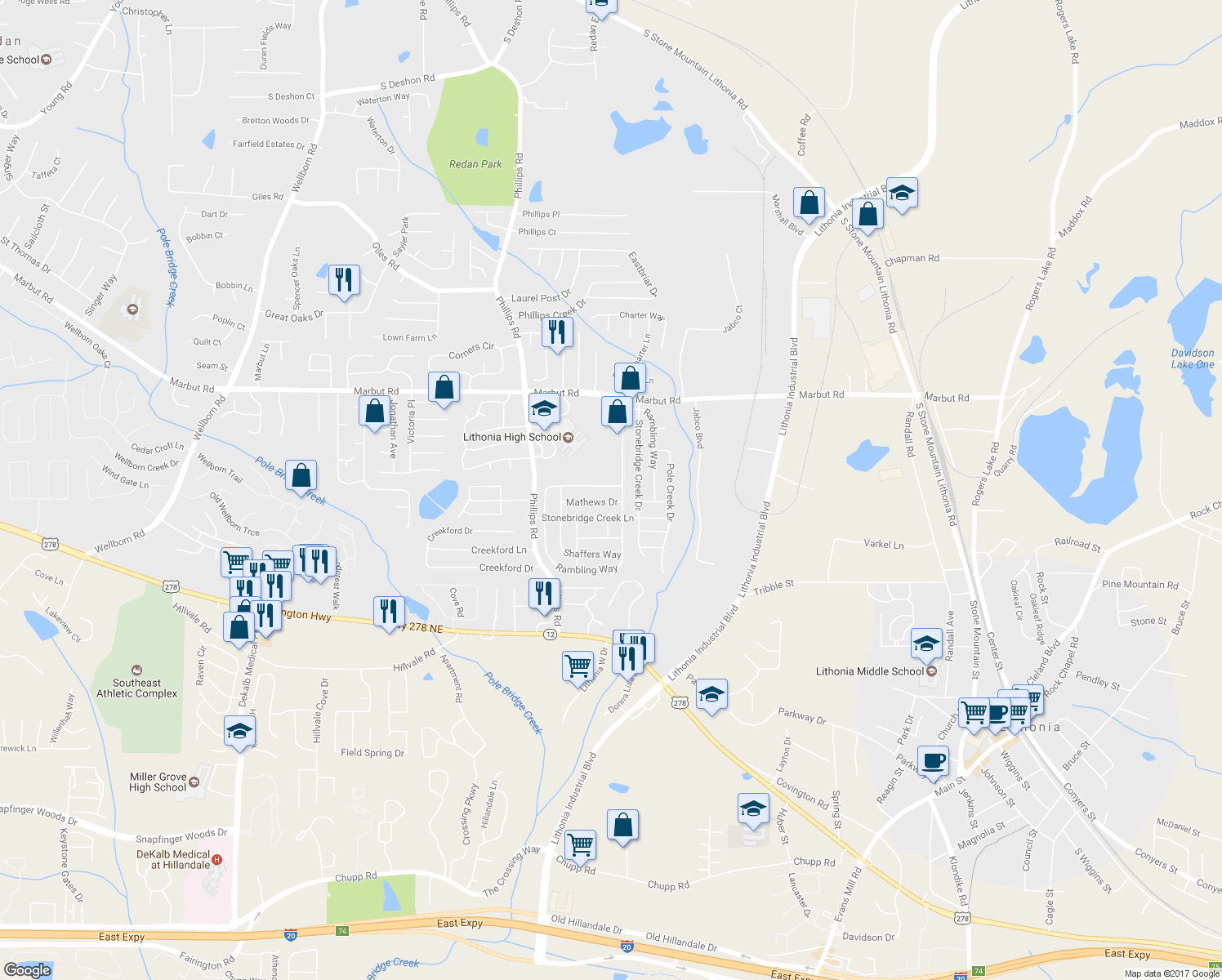 map of restaurants, bars, coffee shops, grocery stores, and more near 2214 Rambling Way in Lithonia