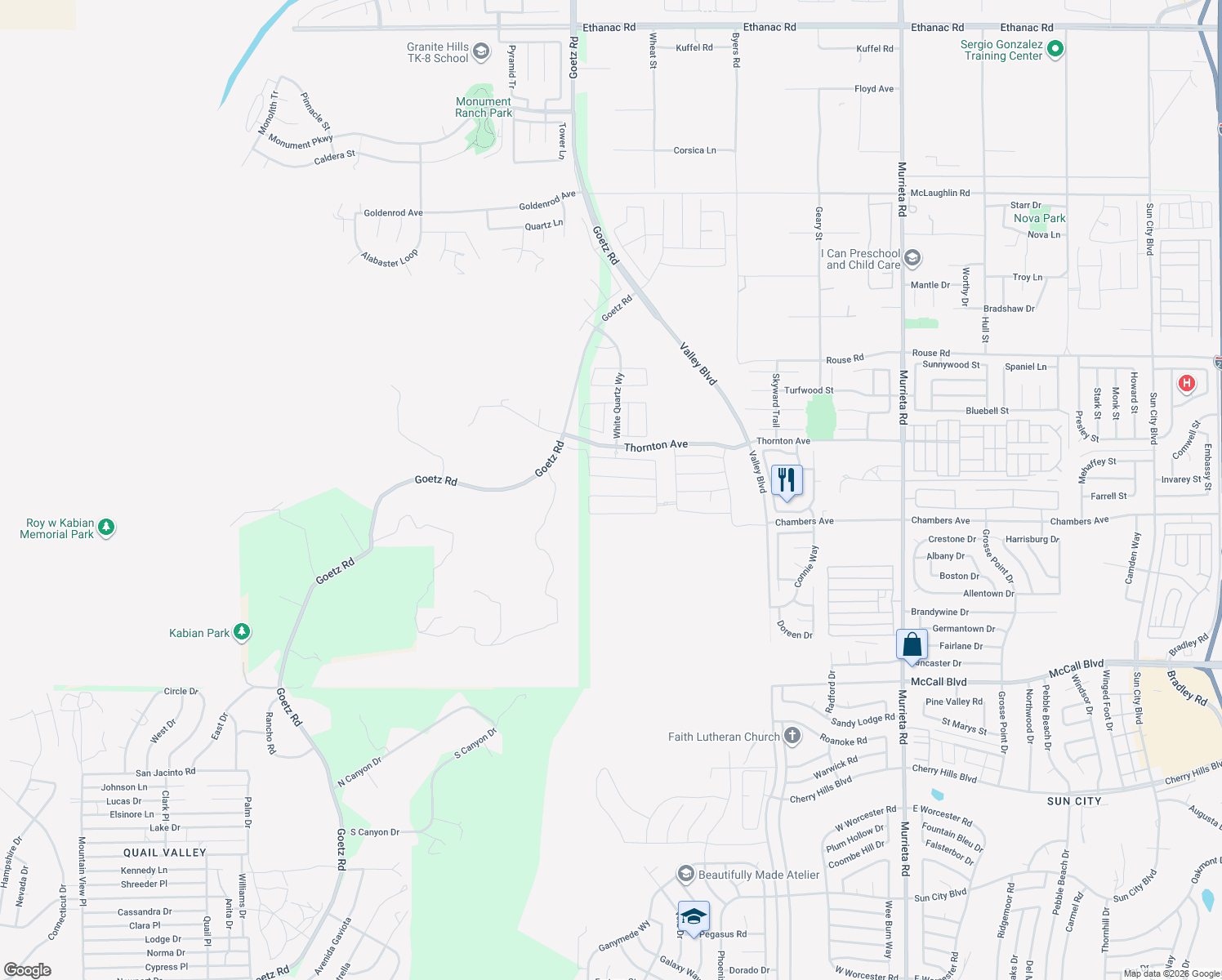 map of restaurants, bars, coffee shops, grocery stores, and more near 25106 Sand Wedge Drive in Menifee