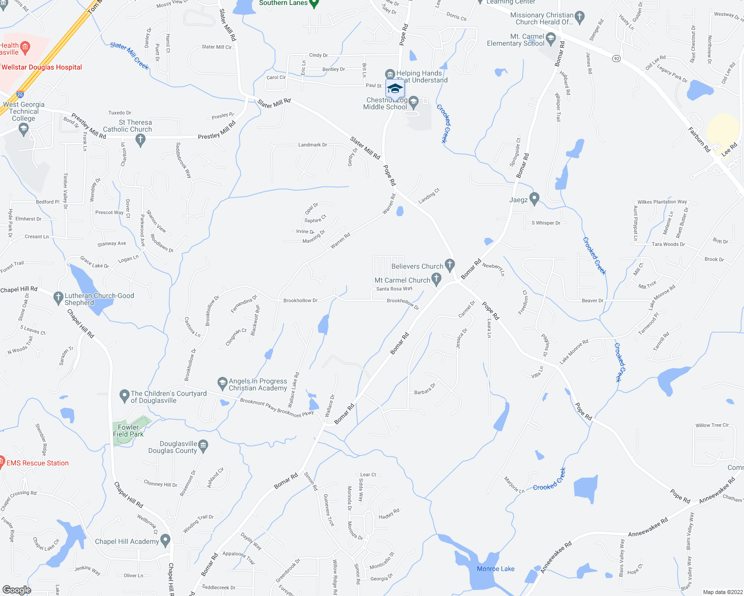 map of restaurants, bars, coffee shops, grocery stores, and more near 3700 Hickory Level Lane in Douglasville