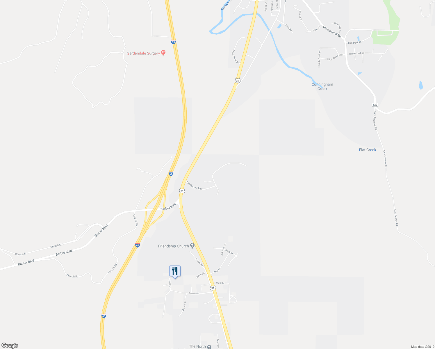 map of restaurants, bars, coffee shops, grocery stores, and more near 7441 Turnberry Drive in Gardendale