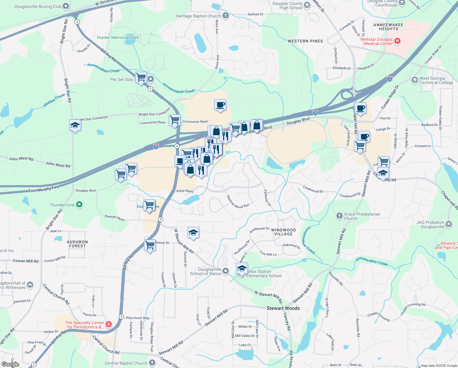map of restaurants, bars, coffee shops, grocery stores, and more near 6974 Springwood Dr in Douglasville
