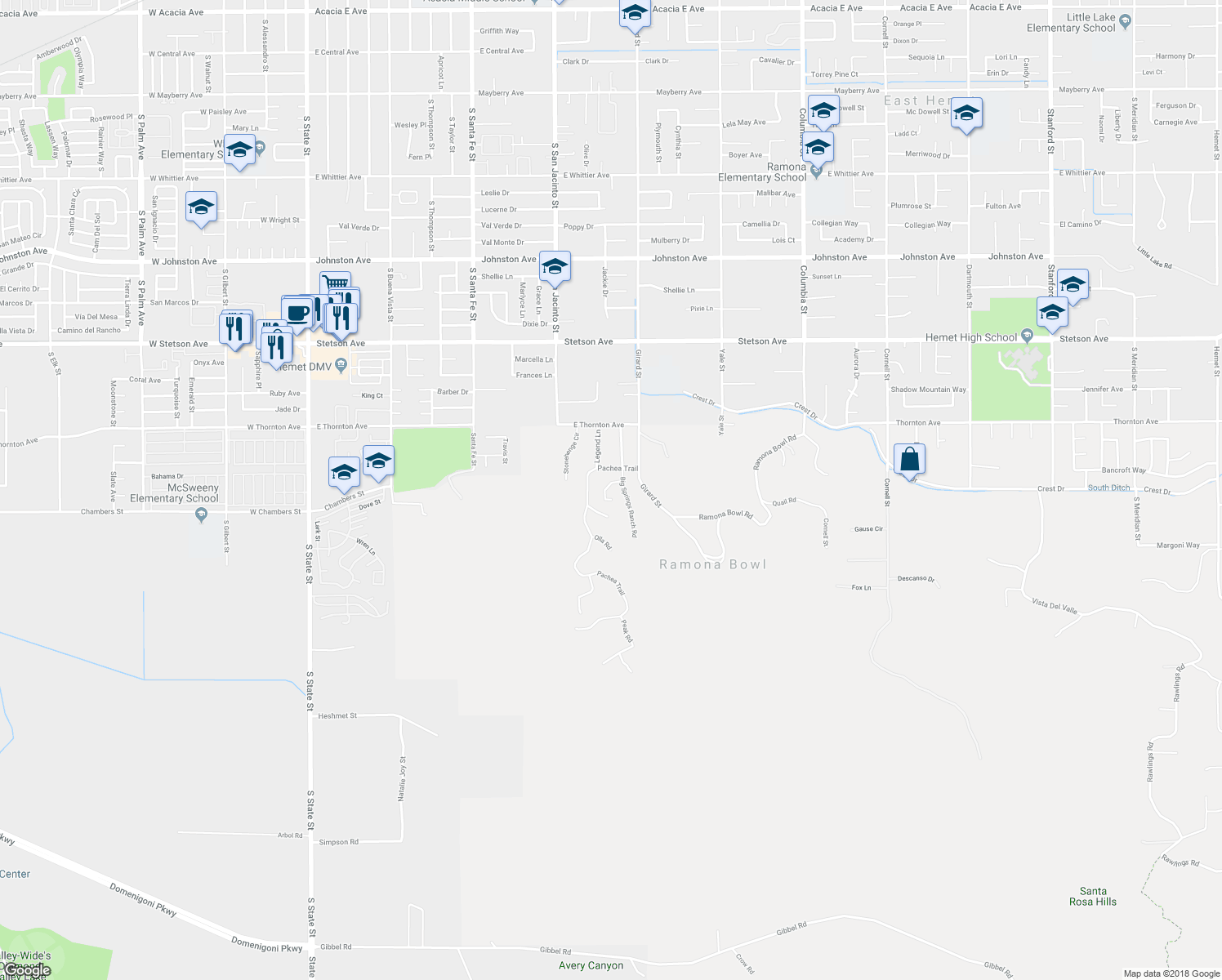map of restaurants, bars, coffee shops, grocery stores, and more near 27411 Big Springs Ranch Road in Hemet