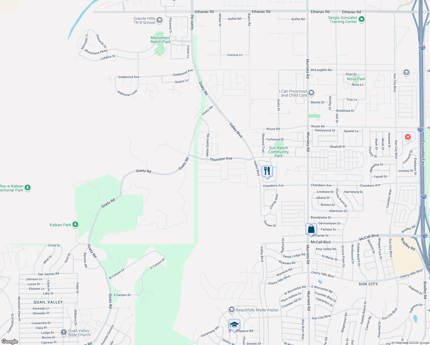 map of restaurants, bars, coffee shops, grocery stores, and more near 25181 Desert Sage Drive in Menifee