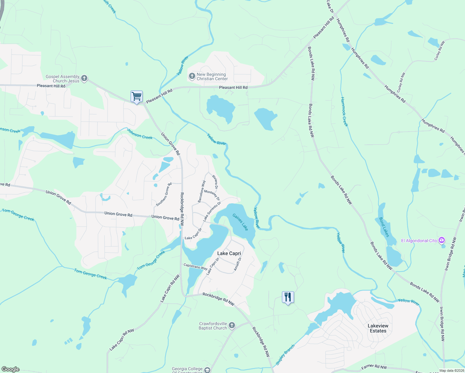 map of restaurants, bars, coffee shops, grocery stores, and more near 2975 Riviera Drive in Conyers