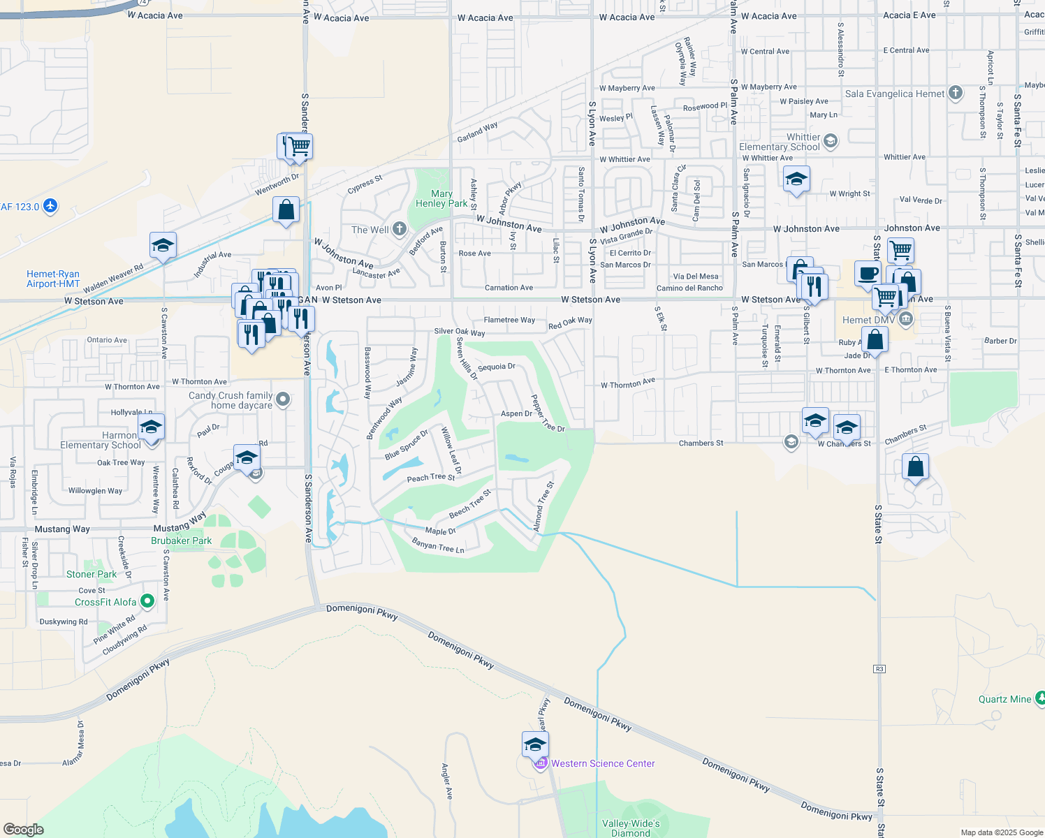 map of restaurants, bars, coffee shops, grocery stores, and more near 2095 Aspen Drive in Hemet