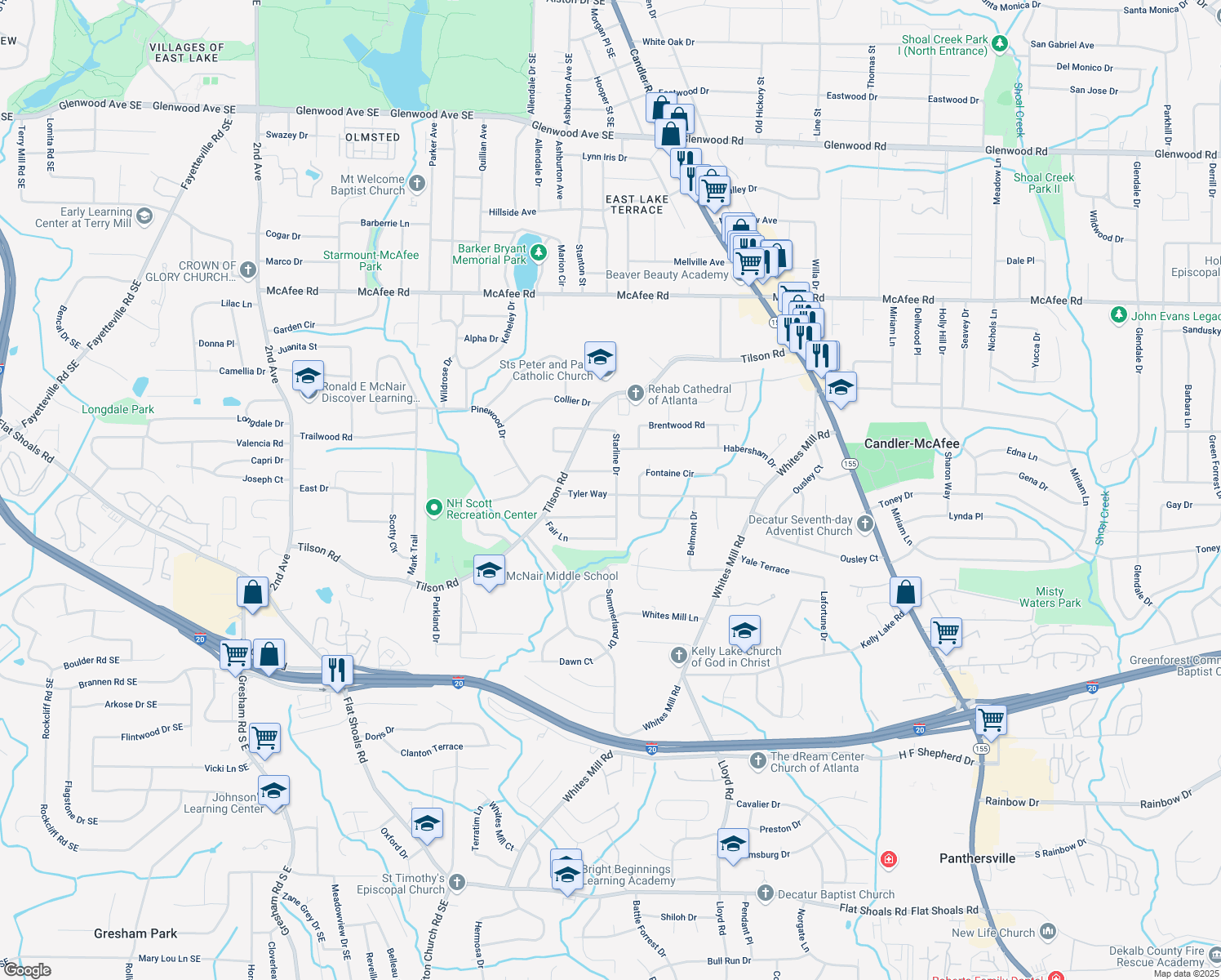 map of restaurants, bars, coffee shops, grocery stores, and more near 2265 Starline Drive in Decatur