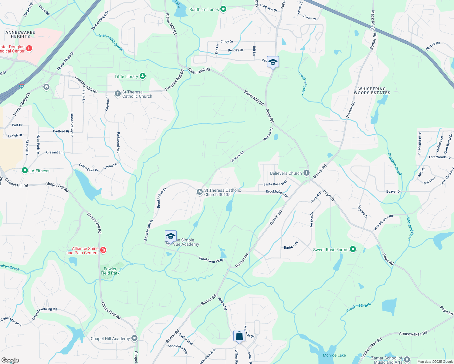 map of restaurants, bars, coffee shops, grocery stores, and more near 2721 Fareed Street in Douglasville
