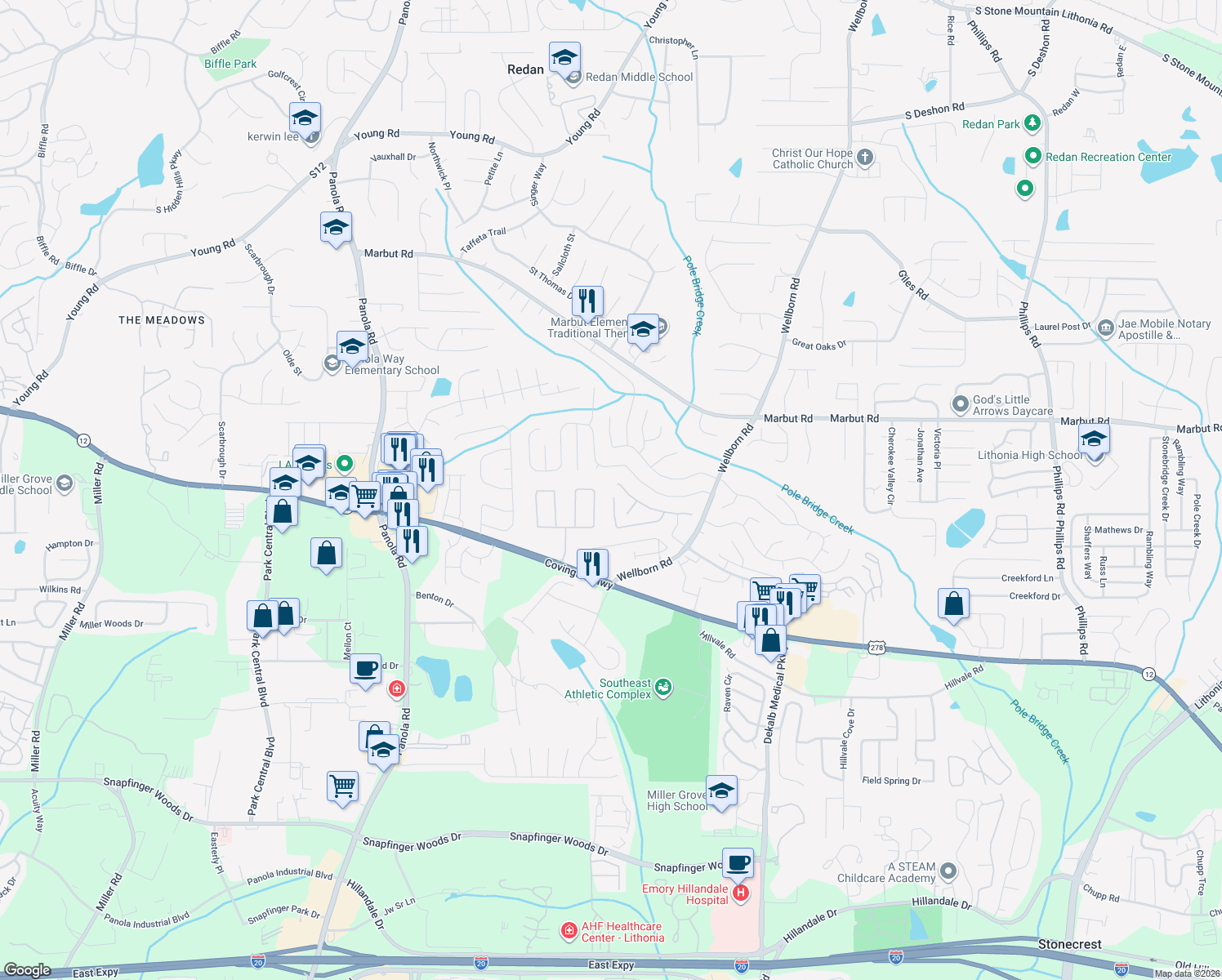 map of restaurants, bars, coffee shops, grocery stores, and more near 5661 Wind Gate Lane in Lithonia