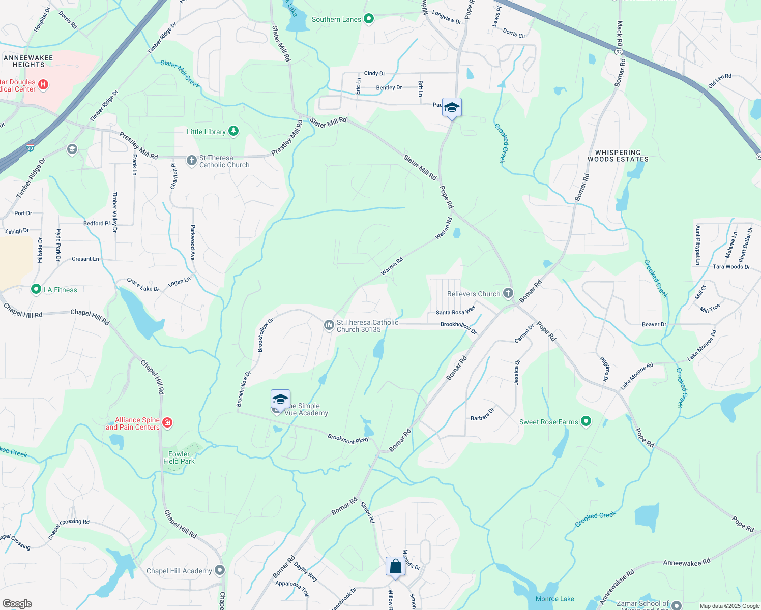 map of restaurants, bars, coffee shops, grocery stores, and more near 3070 Fareed Street in Douglasville