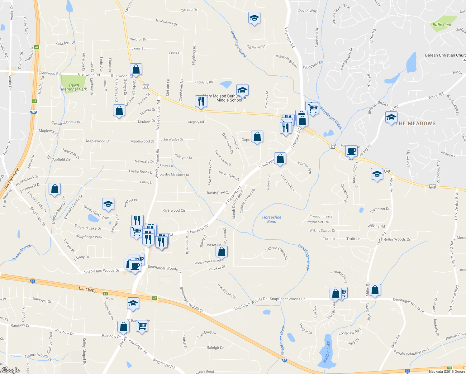 map of restaurants, bars, coffee shops, grocery stores, and more near 2251 South Hairston Road in Decatur
