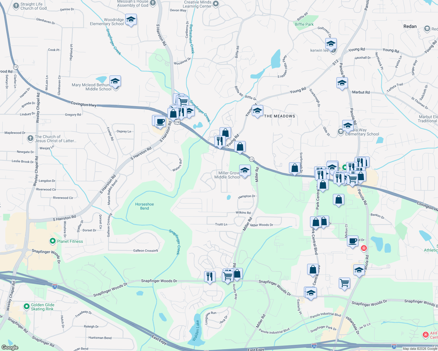 map of restaurants, bars, coffee shops, grocery stores, and more near 2212 Creekview Trail in Decatur