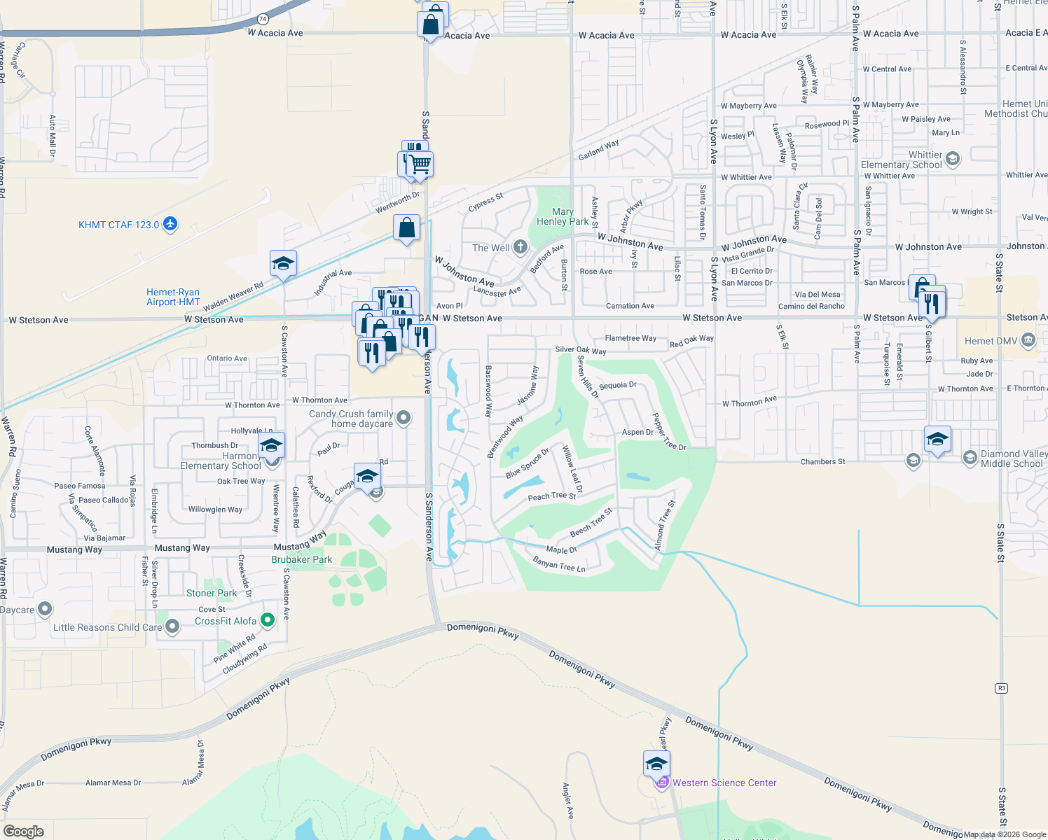 map of restaurants, bars, coffee shops, grocery stores, and more near 1384 Brentwood Way in Hemet