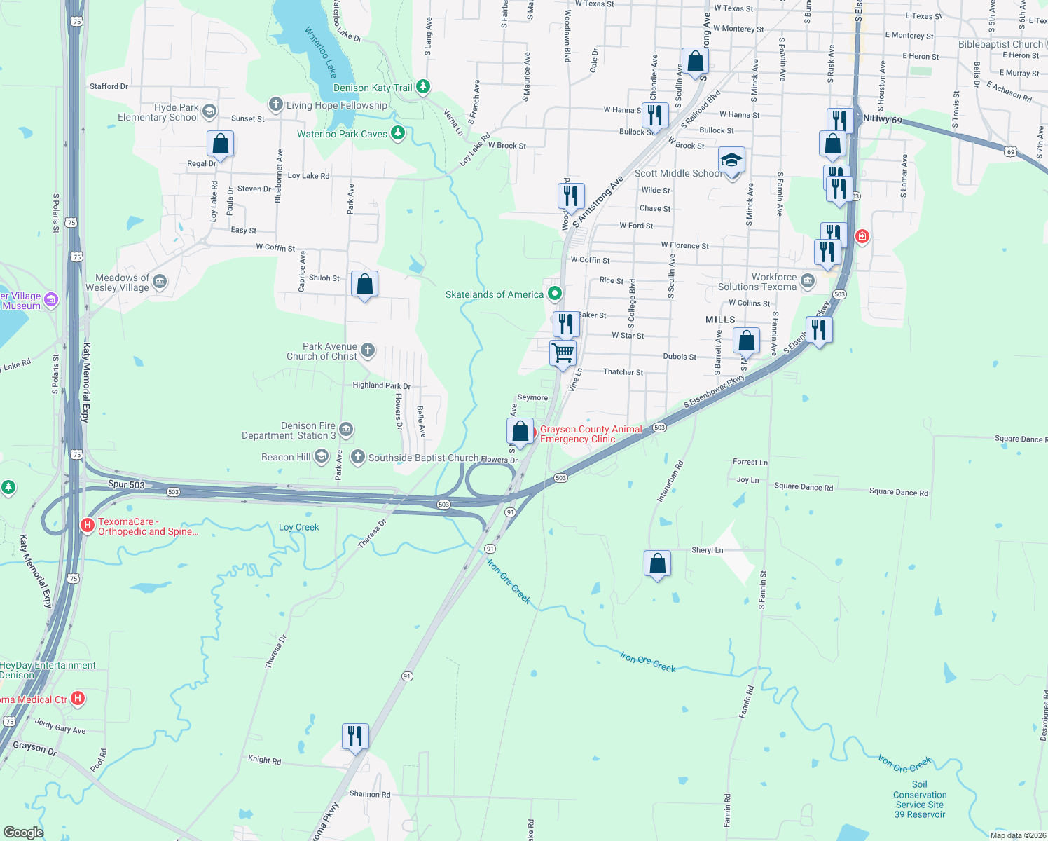 map of restaurants, bars, coffee shops, grocery stores, and more near 1427 Seymore Street in Denison