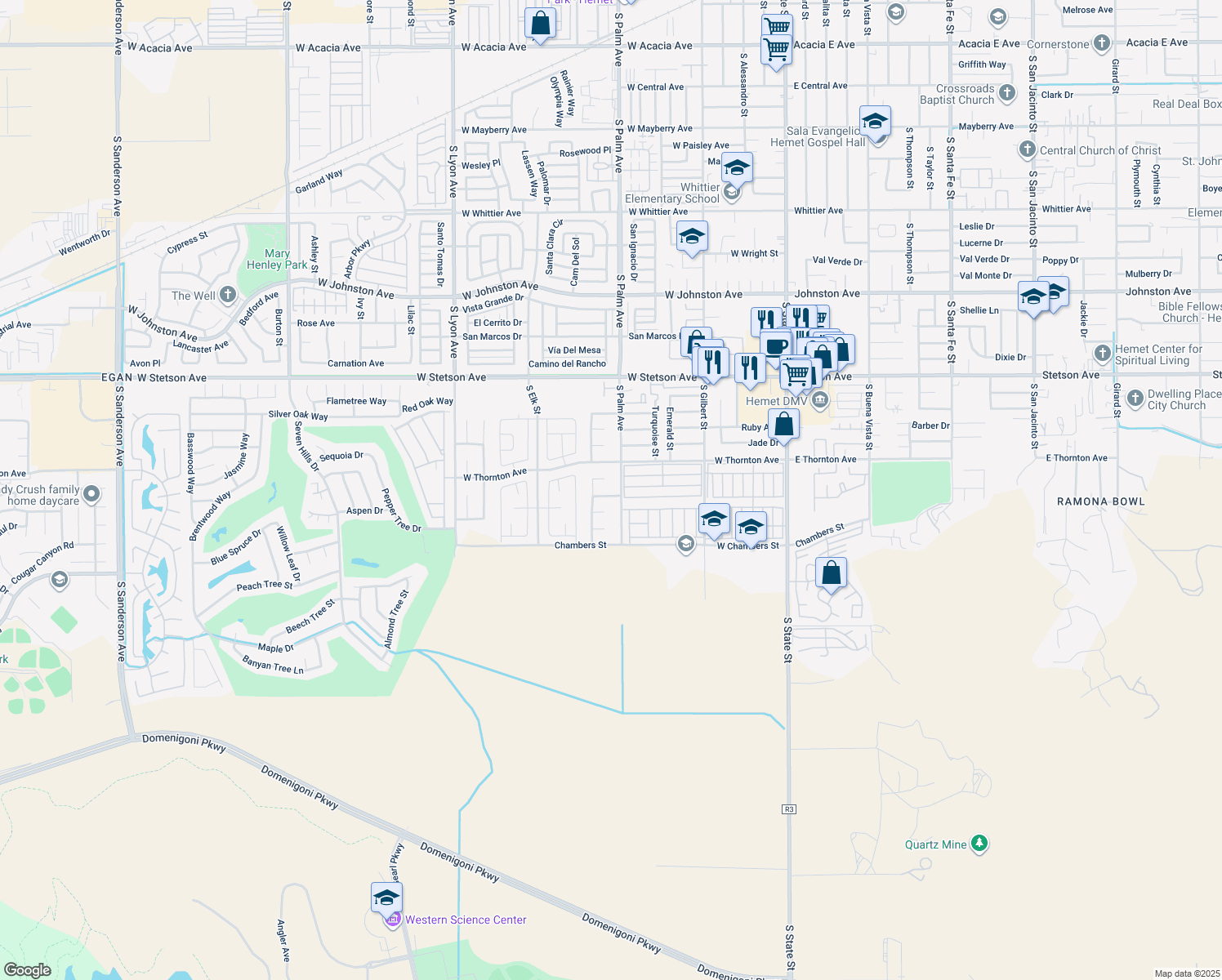 map of restaurants, bars, coffee shops, grocery stores, and more near 964 Coquina Street in Hemet