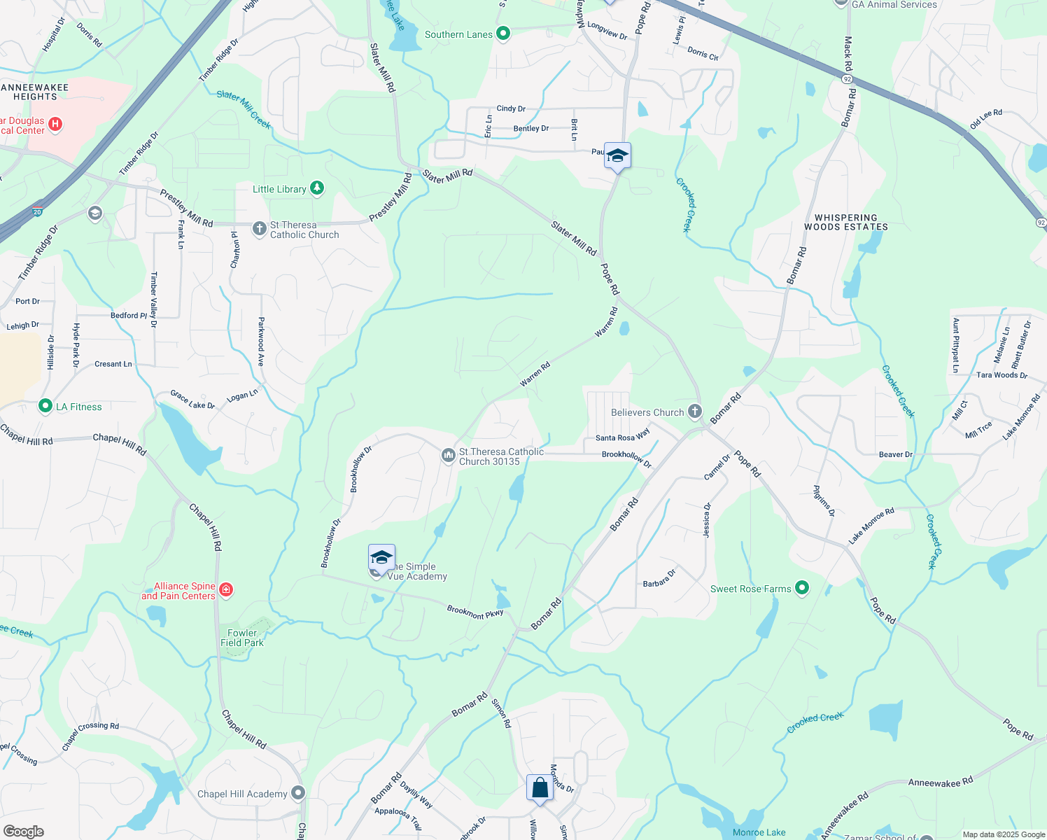 map of restaurants, bars, coffee shops, grocery stores, and more near 2821 Fareed Street in Douglasville